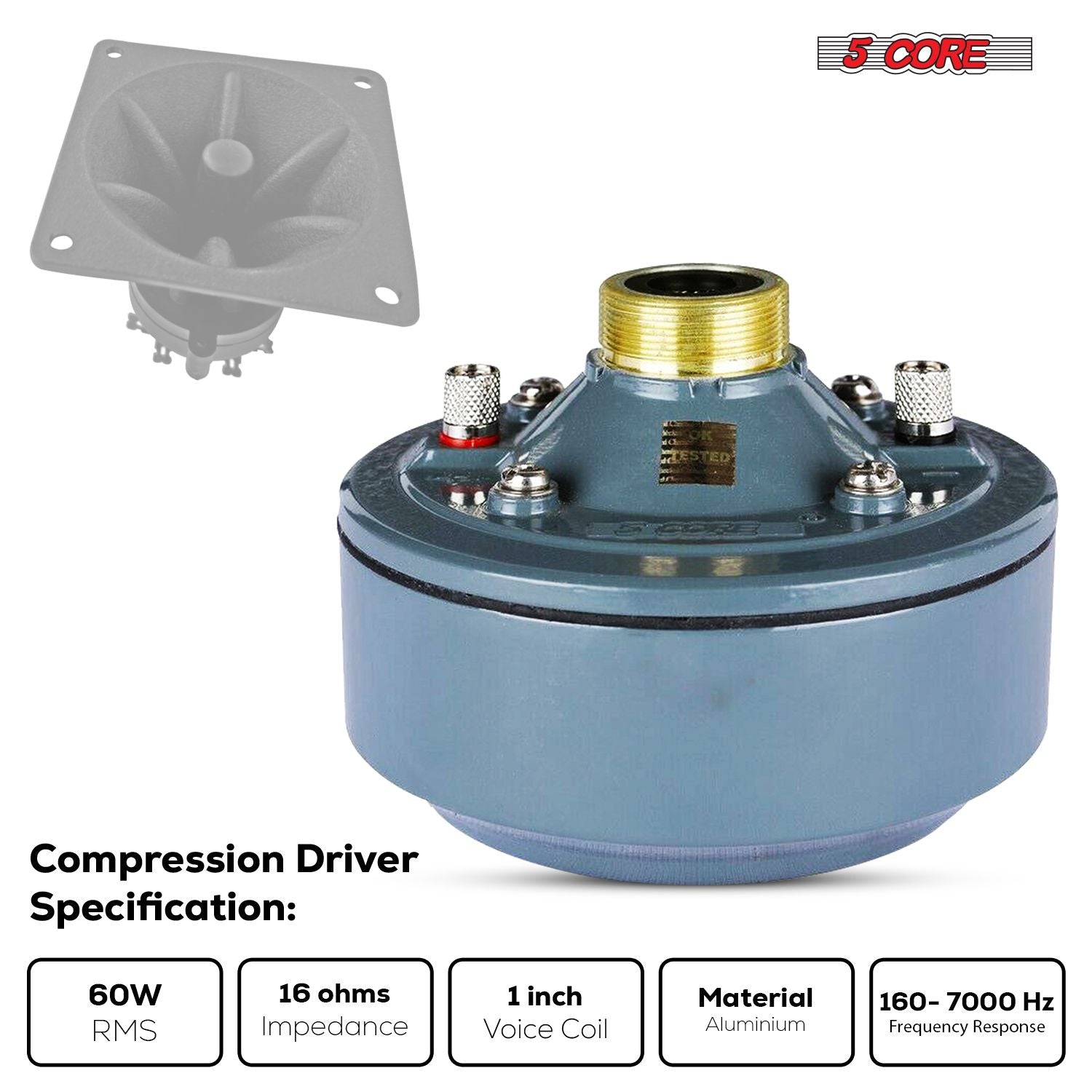 5 Core 600W compression driver tweeter with aluminum diaphragm and 16-ohm impedance, designed for high-performance audio.