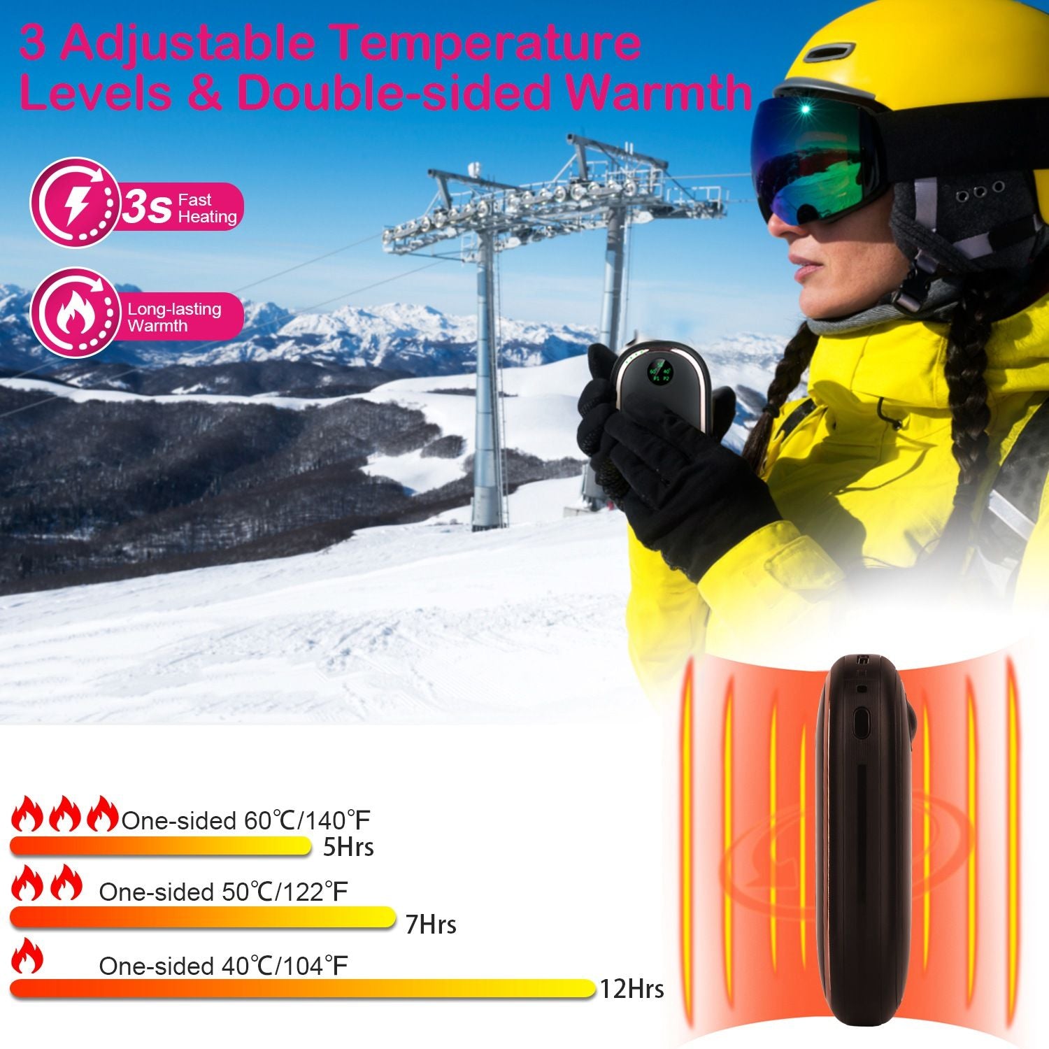 Calentador eléctrico de mano de mano de mano recargable a mano portátil de bolsillo reutilizable Banco de energía calentador con pantalla digital luz puesta de sol 3 niveles calefacción de doble cara
