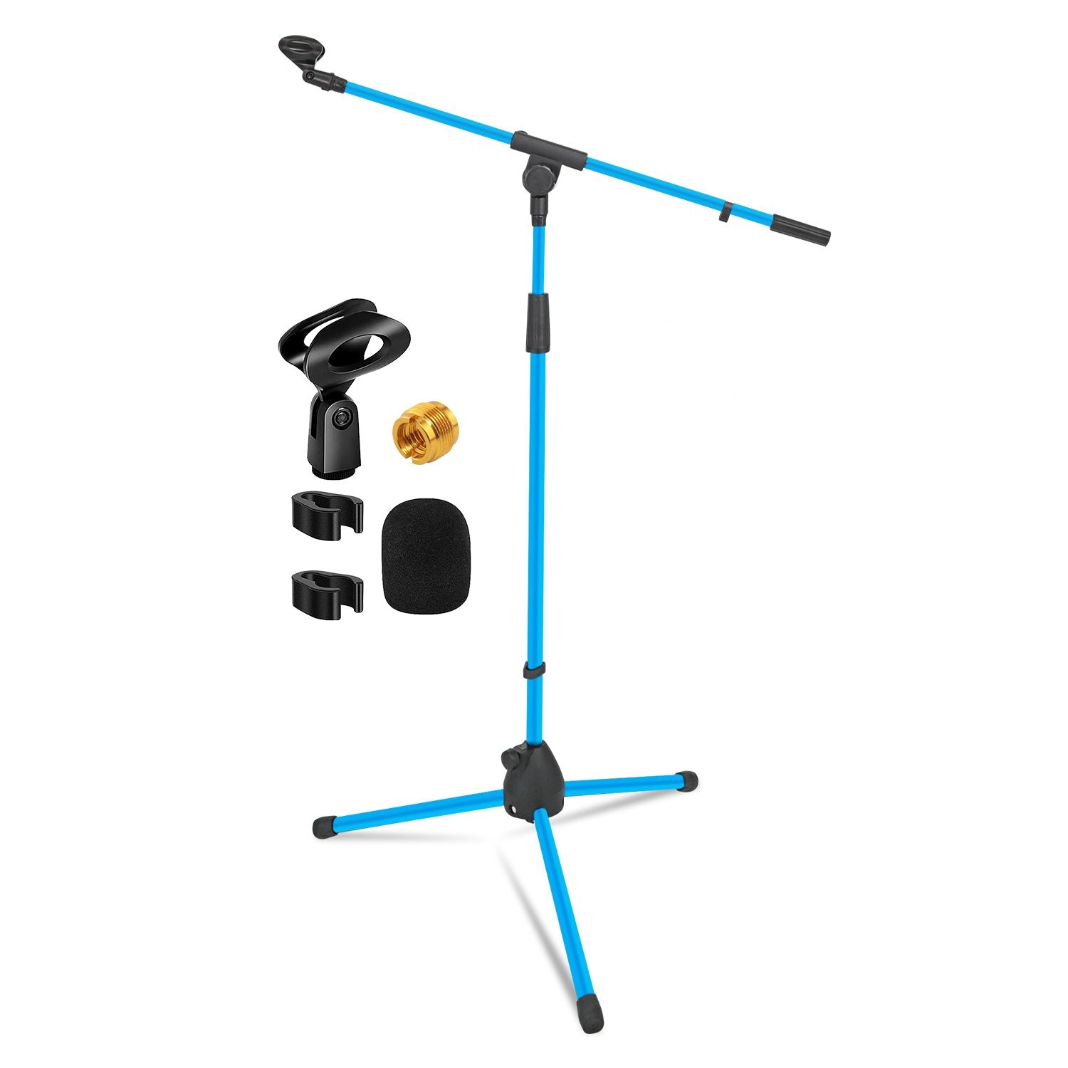 Sky blue adjustable tripod boom mic stand (18-72") by Doba with multiple accessories included.