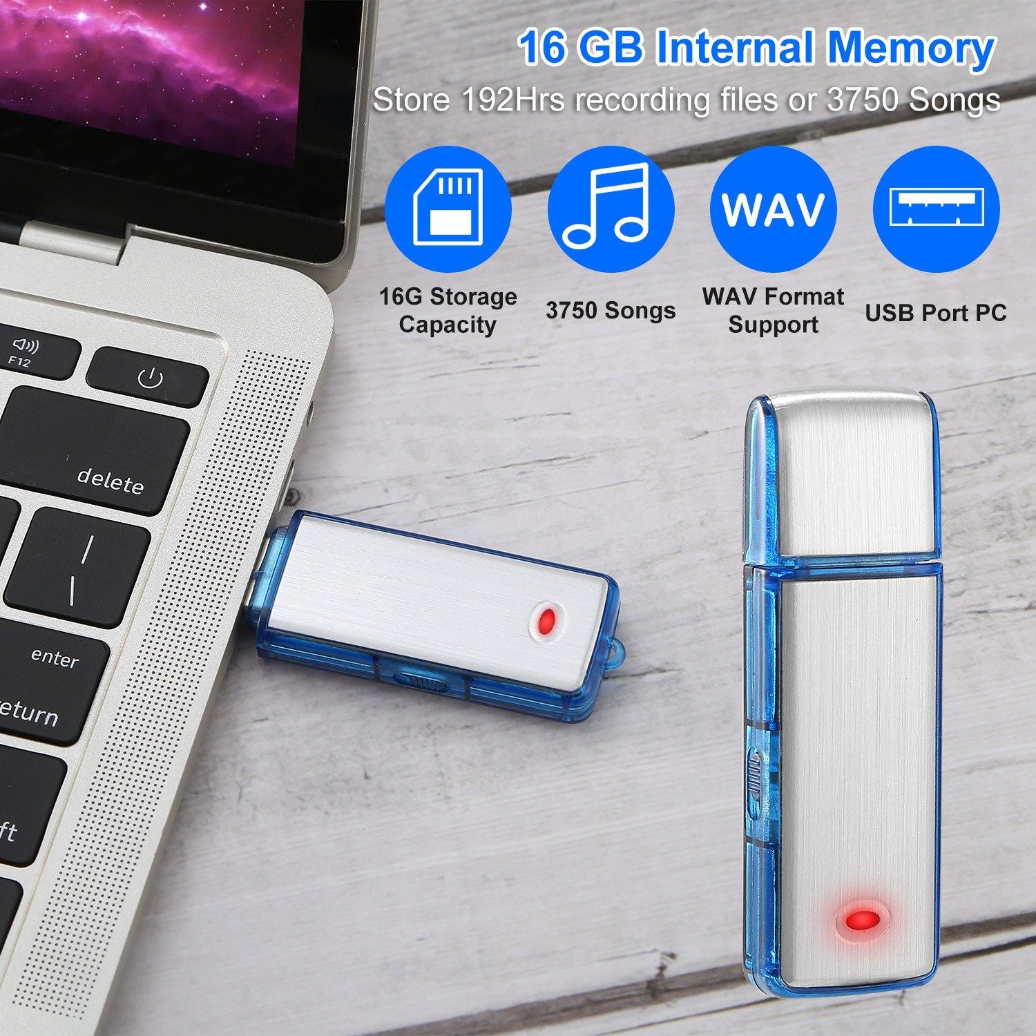Doba 8GB digital voice recorder in sleek aluminum alloy with USB connection and 96-hour audio recording capacity.