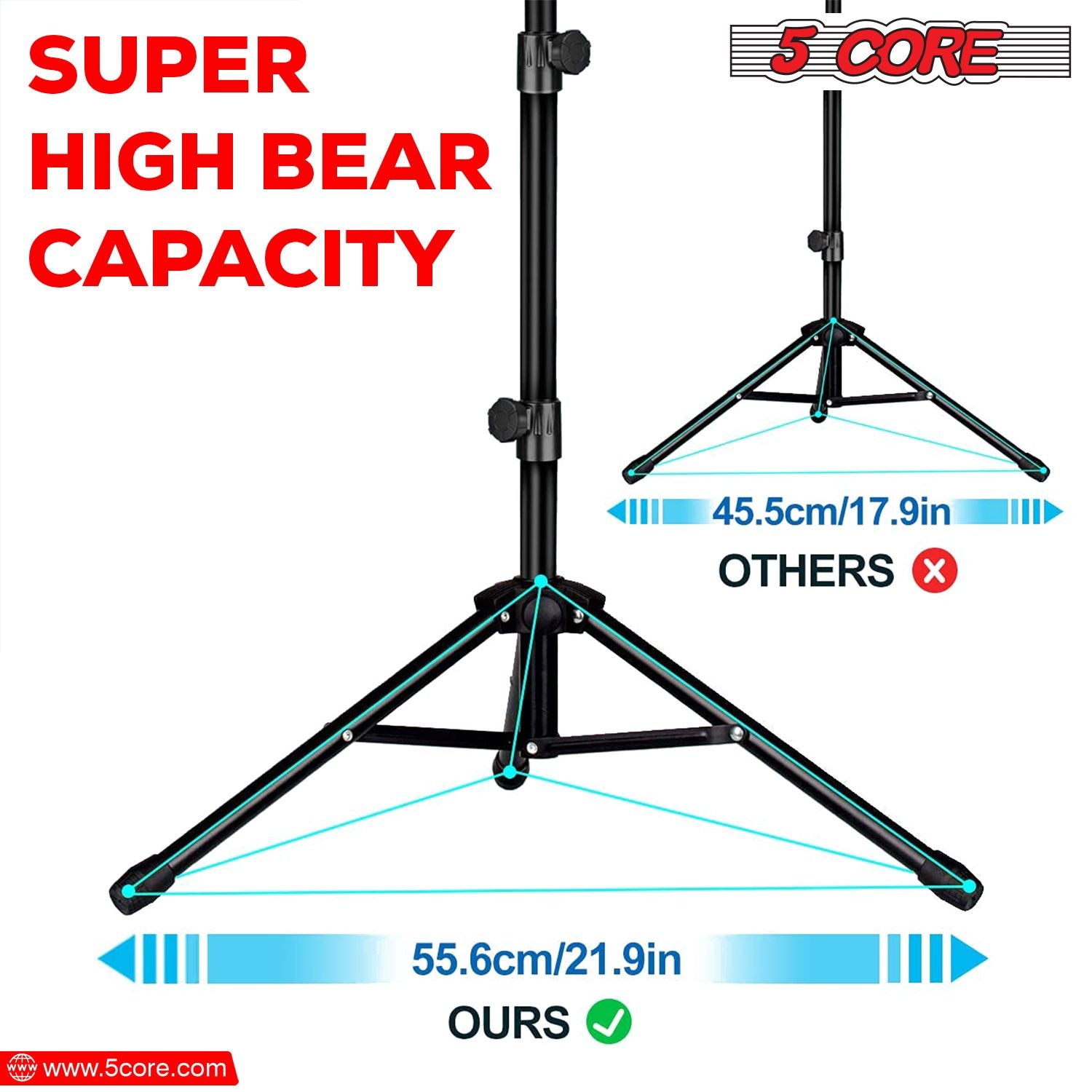Heavy-duty black metal music stand with adjustable mic boom and sturdy tripod base by 5 Core.
