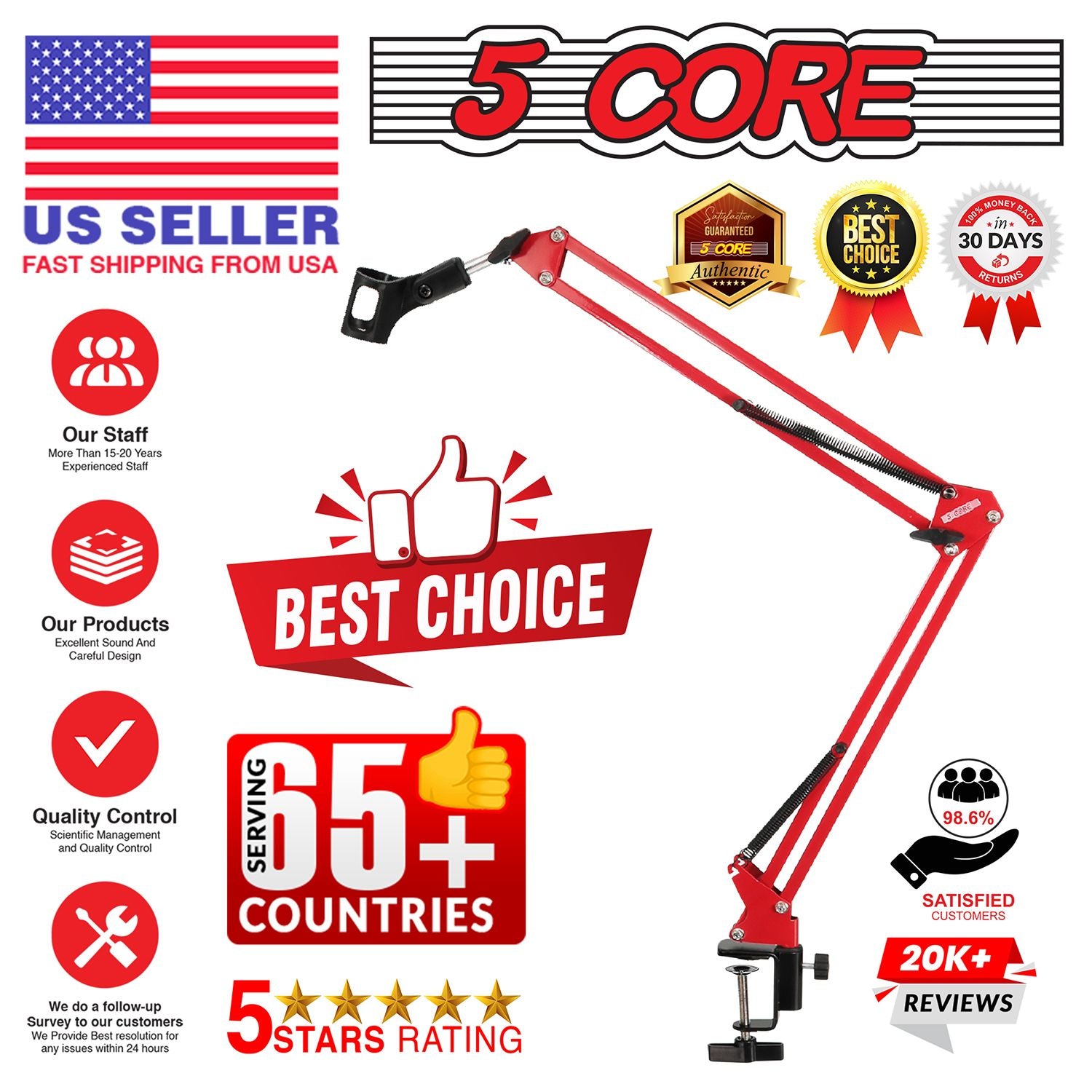 5 Core Heavy Duty Metal Microphone Boom Arm - Red Desk Mount Stand