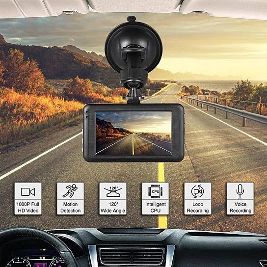 1080P HD dashboard camera with G-Sensor, loop recording, and night vision, mounted on car windshield.