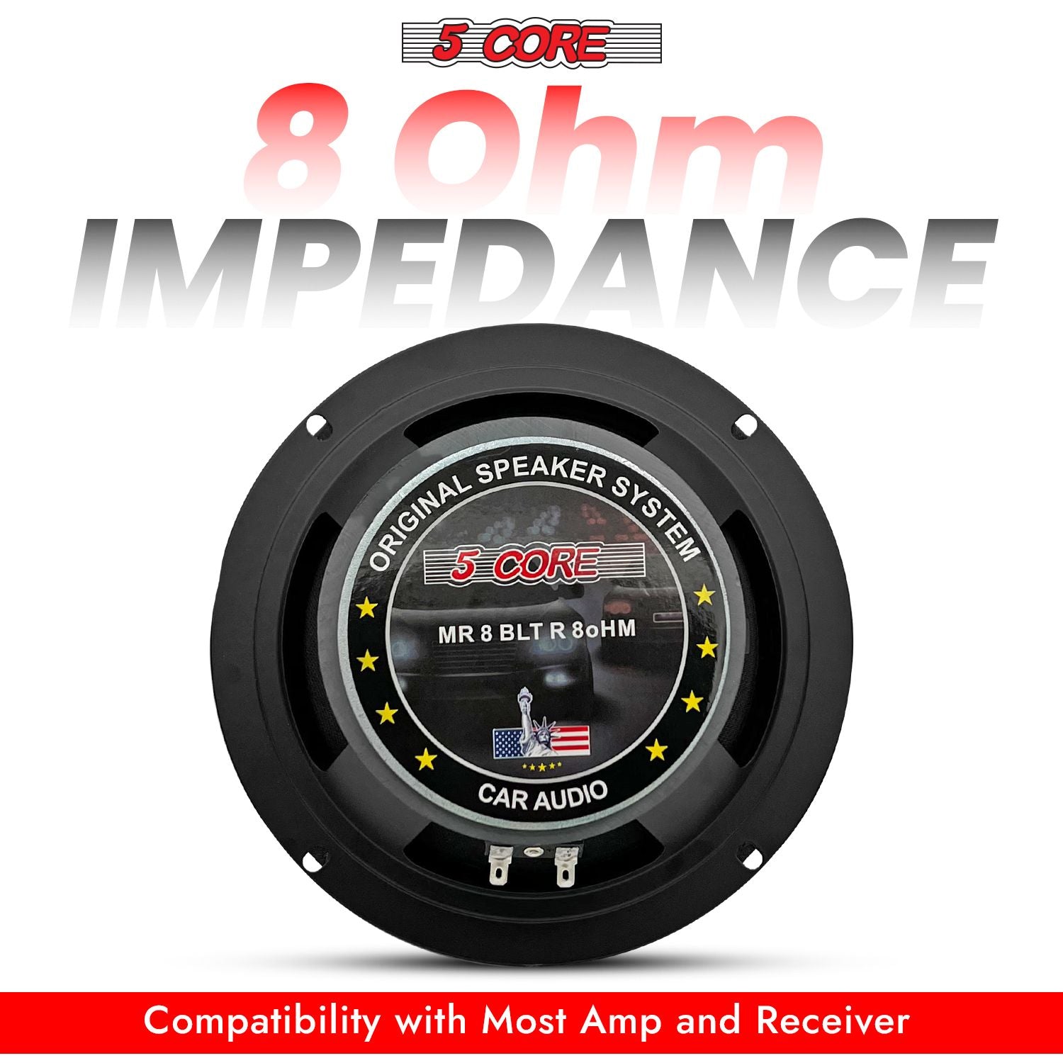 5 CORE 8 Inch Mid Range Bullet Pro Audio Car Speaker Red Aluminium Bullet Loudspeaker 500W Max 8 Ohms - Premium Quality Audio Door Speakers for Car or Truck Stereo Sound System MR 8 BLT 8oHM