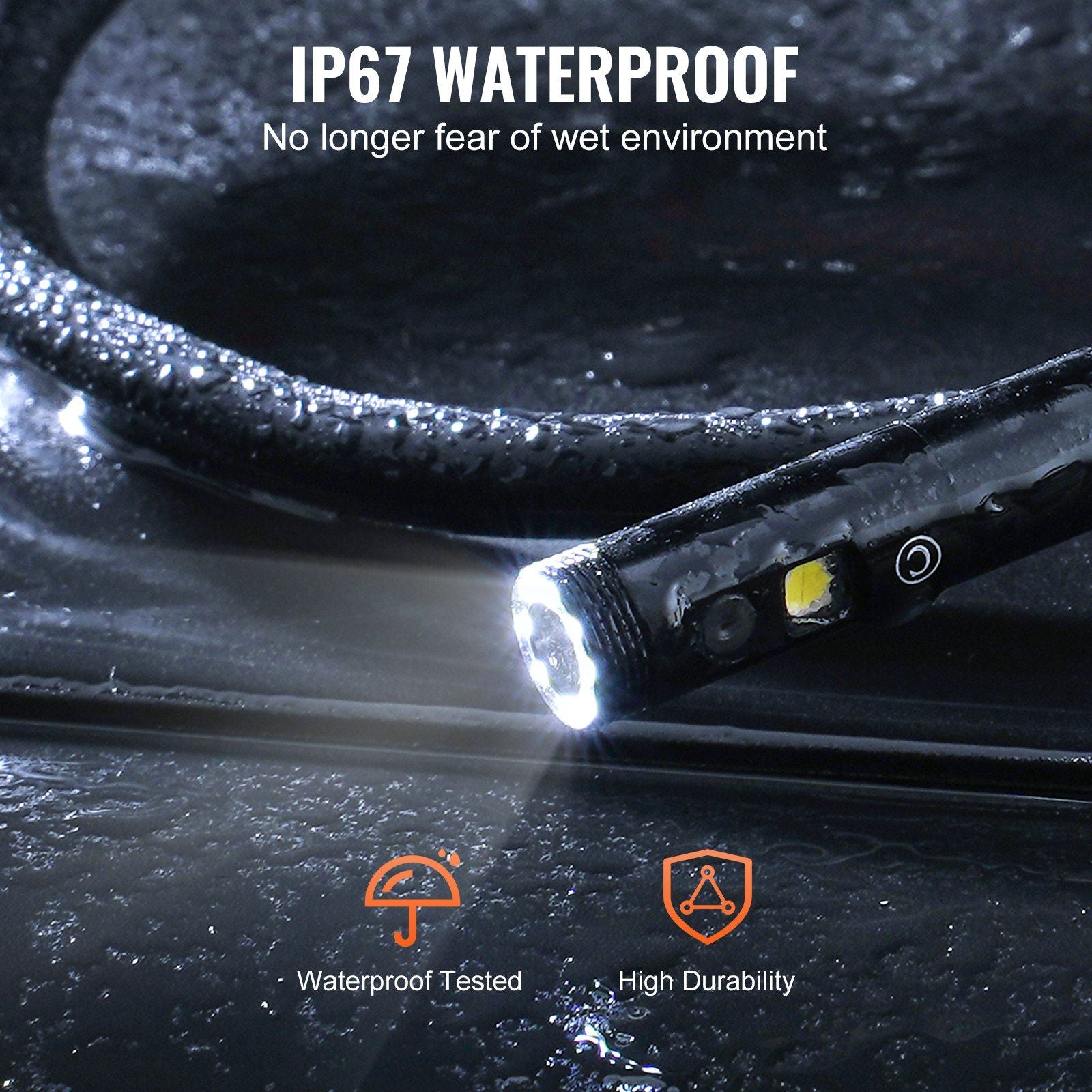 VEVOR triple lens endoscope camera with 4.3" IPS screen and 10 adjustable lights, IP67 waterproof design.