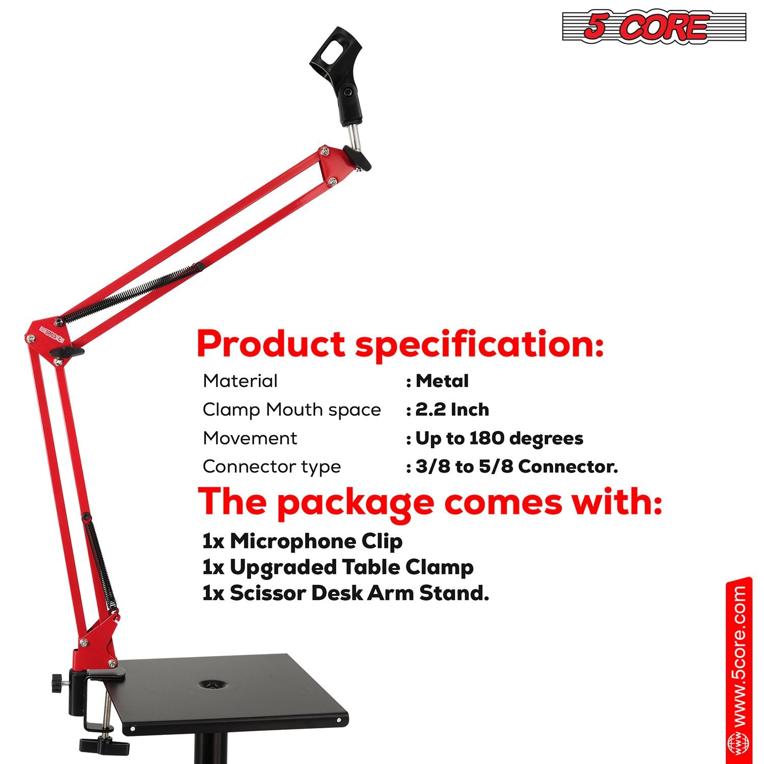5 Core Heavy Duty Metal Microphone Boom Arm - Red Desk Mount Stand