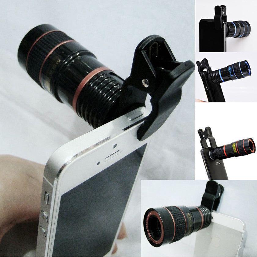 Black 8X telephoto zoom lens for smartphones with adjustable focus, includes a universal clip by Doba.