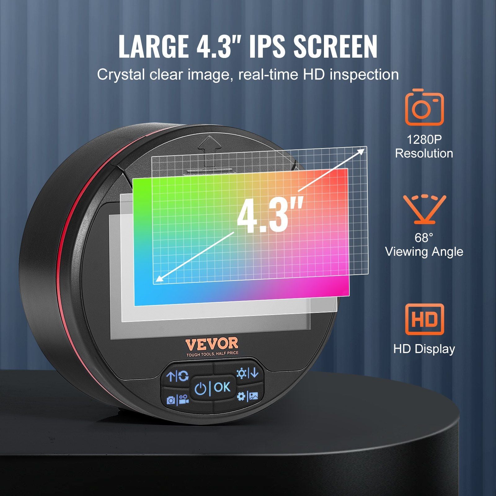 VEVOR Borescope with 4.3" IPS screen, 1280P resolution, 8 + 2 lights for enhanced visibility during inspections.