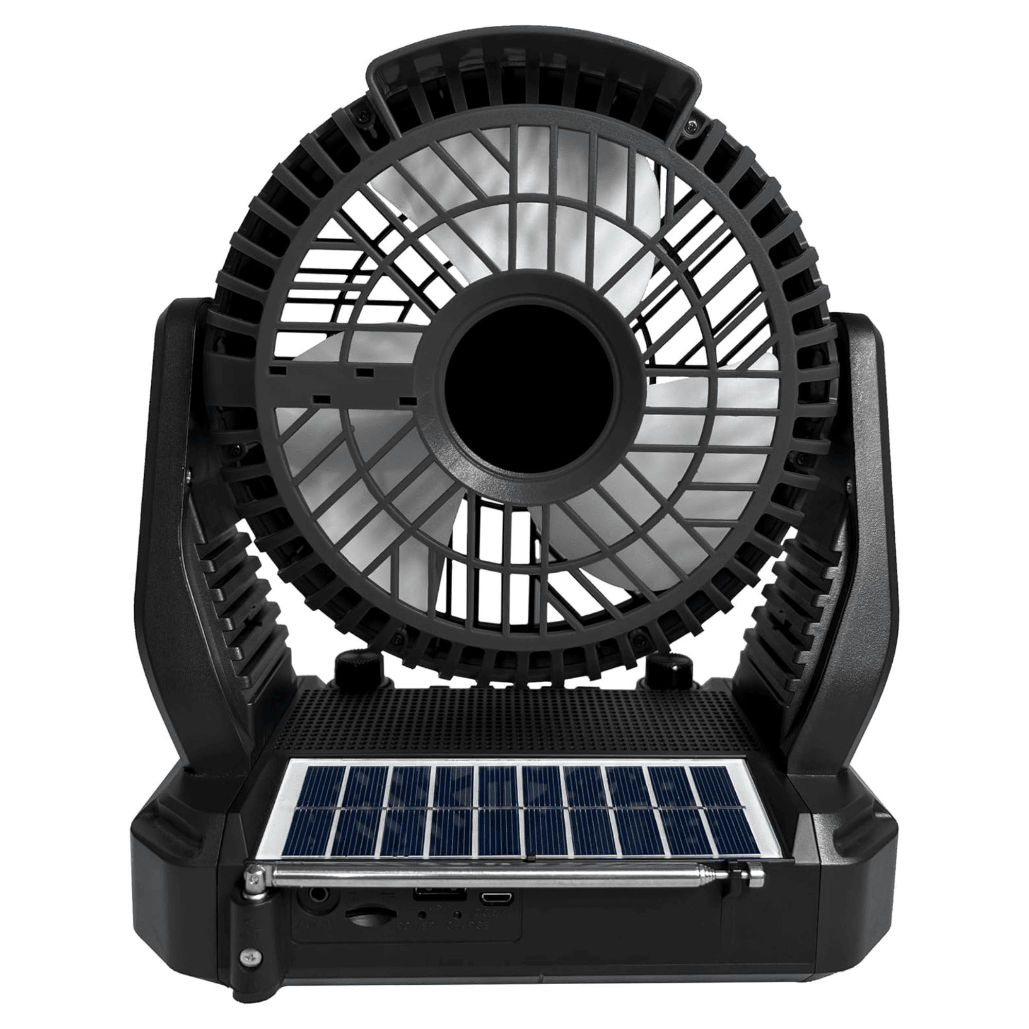 Black solar-powered Bluetooth speaker by Doba with FM radio, LED flashlight, and built-in fan.