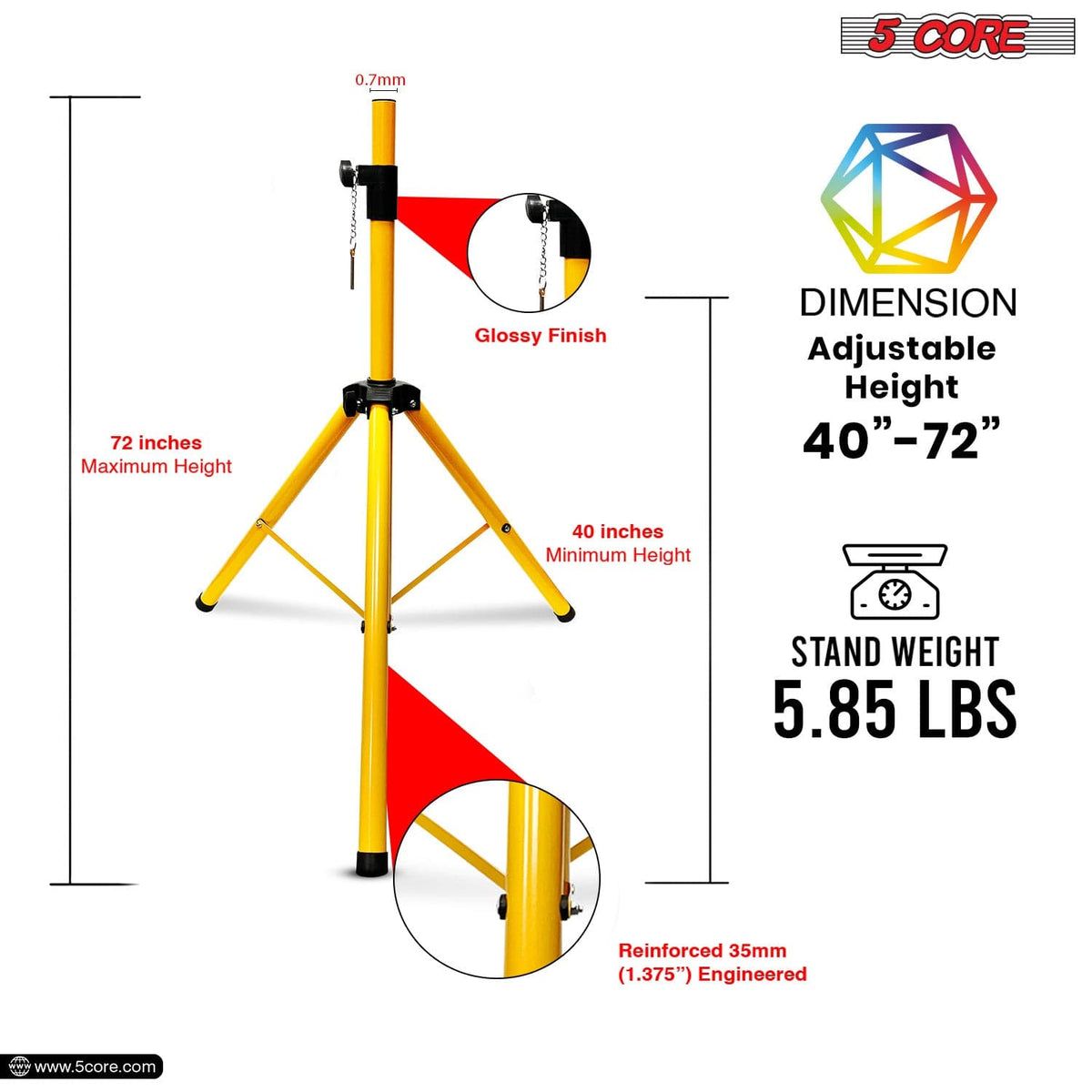 5 Core Heavy Duty Adjustable Speaker Stand 40-72" Steel Tripod Yellow