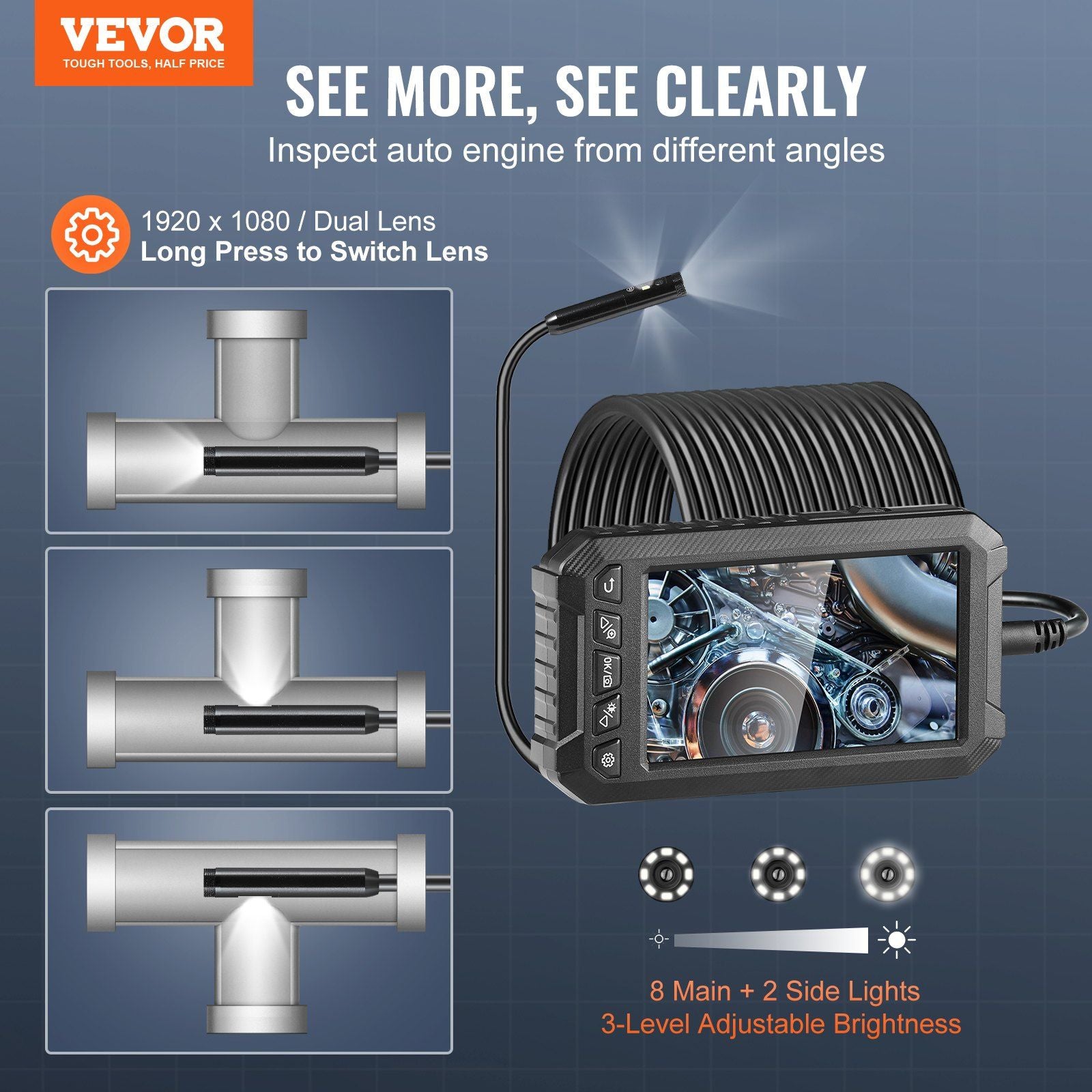 VEVOR endoscope camera with triple lenses, 49.2FT cable, 5-inch screen, featuring adjustable lighting