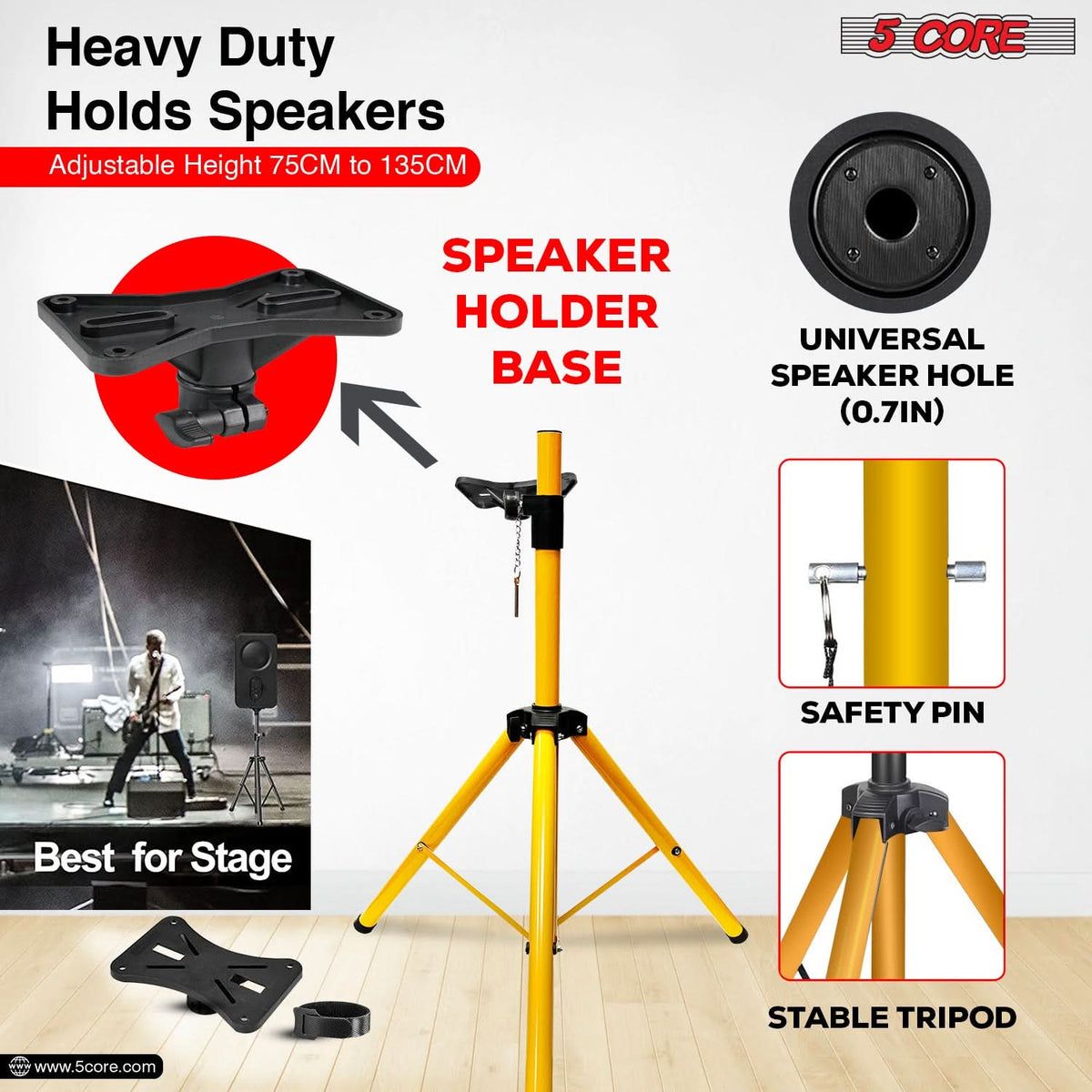 5 Core Heavy Duty Adjustable Speaker Stand 40-72" Steel Tripod Yellow