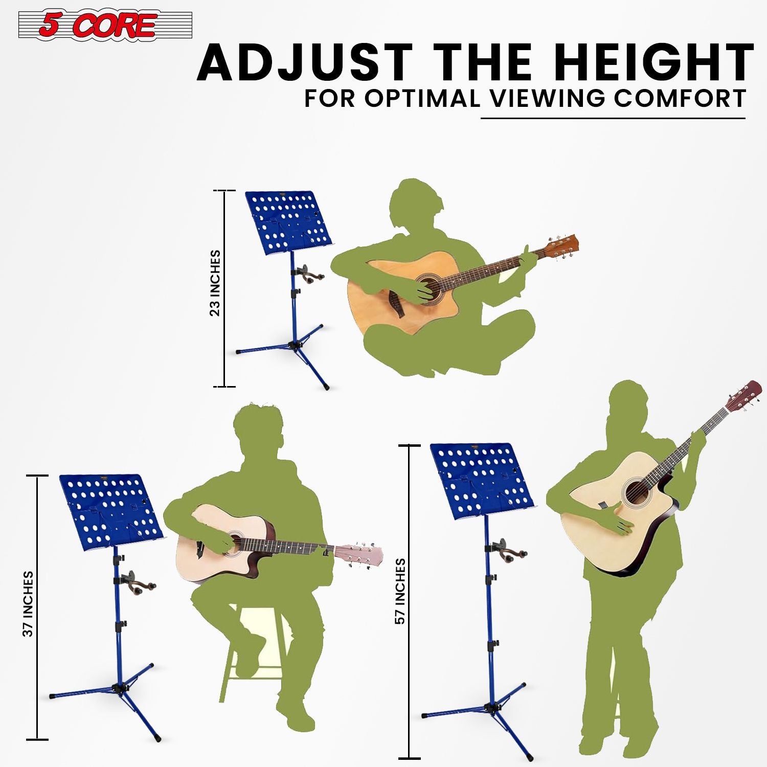 Adjustable blue iron music stand for guitars, portable design, height ranges from 23 to 57 inches, by 5 Core.