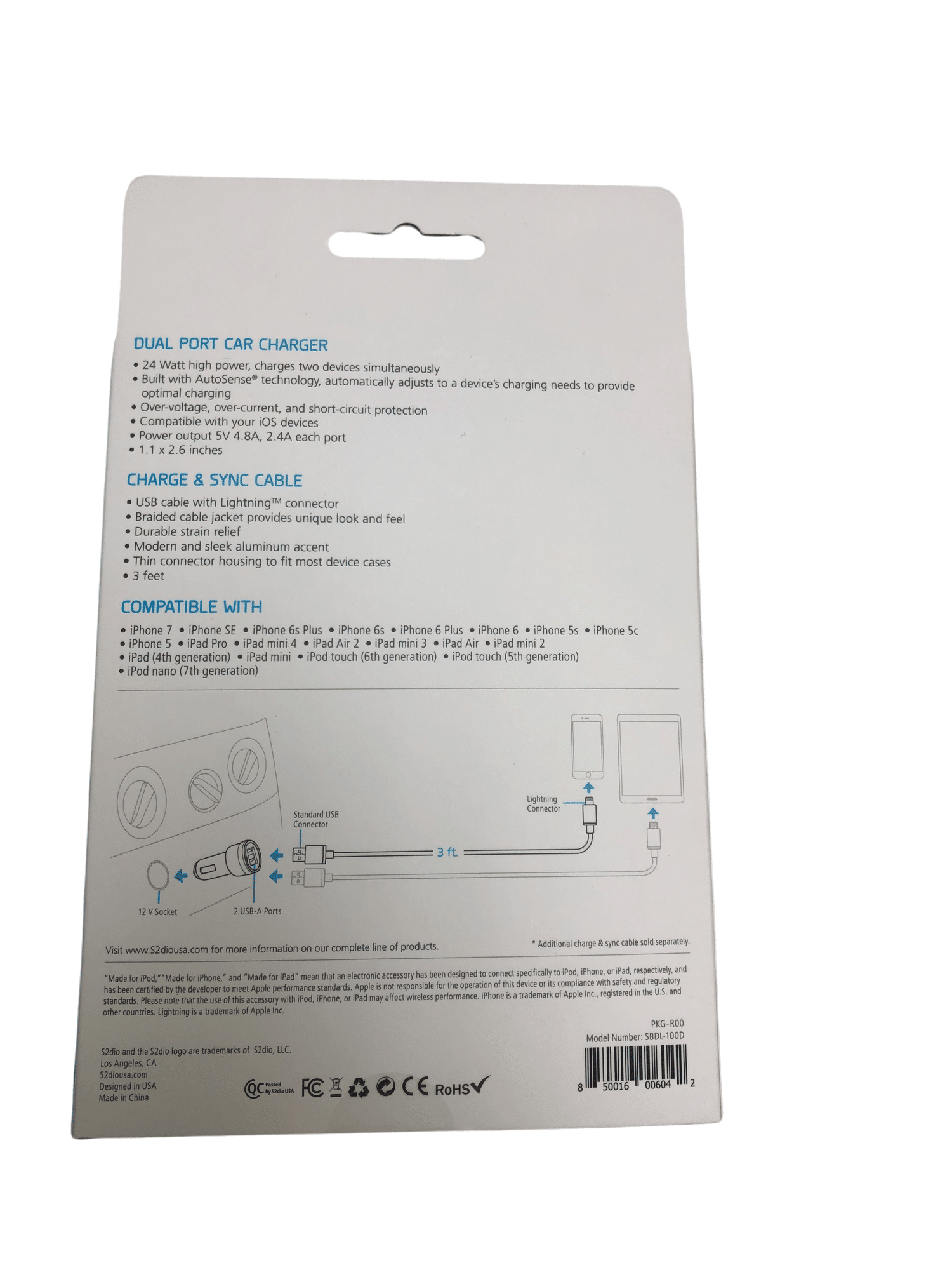S2dio 24W dual USB car charger with 4.8A output and MFI braided Lightning cable, compatible with iPhone and iPad.