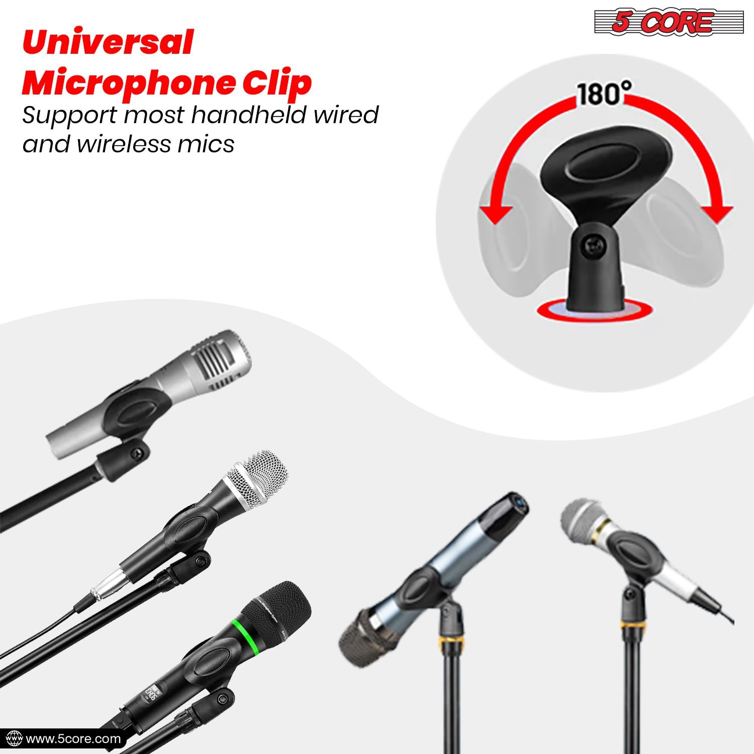 Universal microphone clip compatible with most handheld wired and wireless mics, featuring 180-degree rotation.