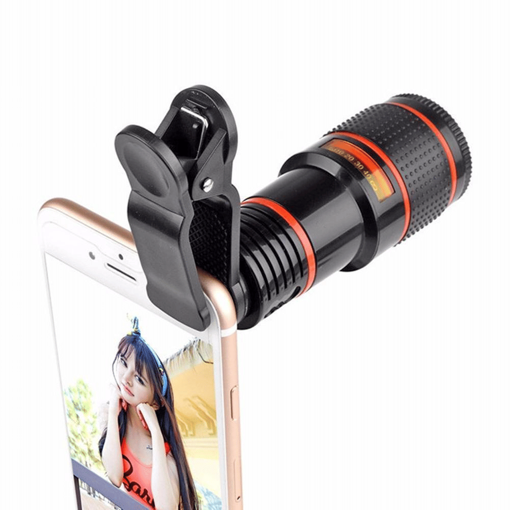 Black 8X zoom telescope lens clip-on for mobile phones by Doba, featuring a sturdy ABS material design.
