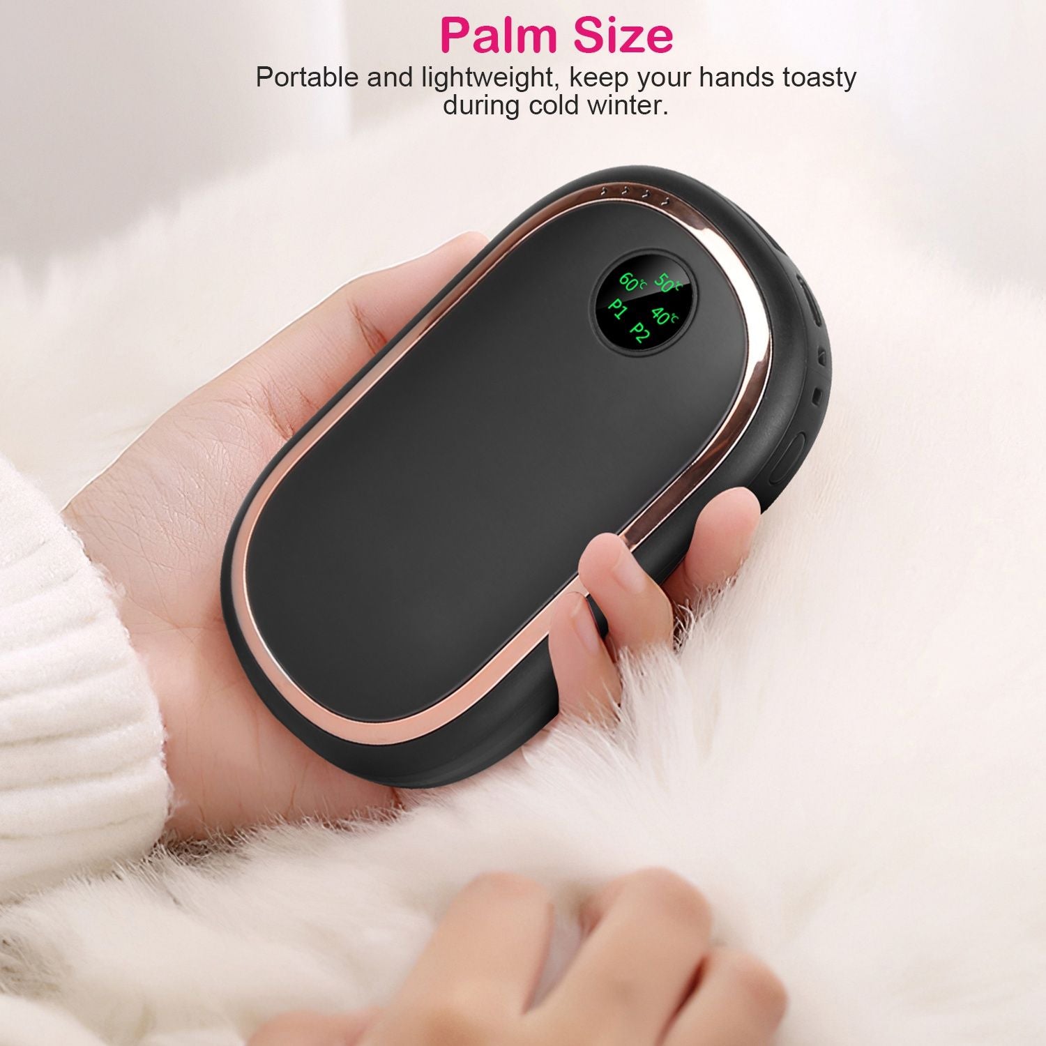 Calentador eléctrico de mano de mano de mano recargable a mano portátil de bolsillo reutilizable Banco de energía calentador con pantalla digital luz puesta de sol 3 niveles calefacción de doble cara