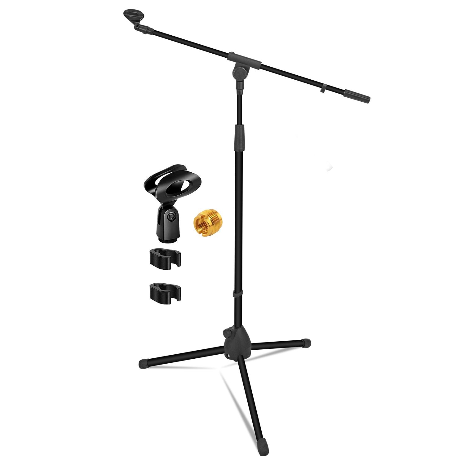 Adjustable black metal tripod microphone stand with boom arm, extending 18-72 inches, by Doba.