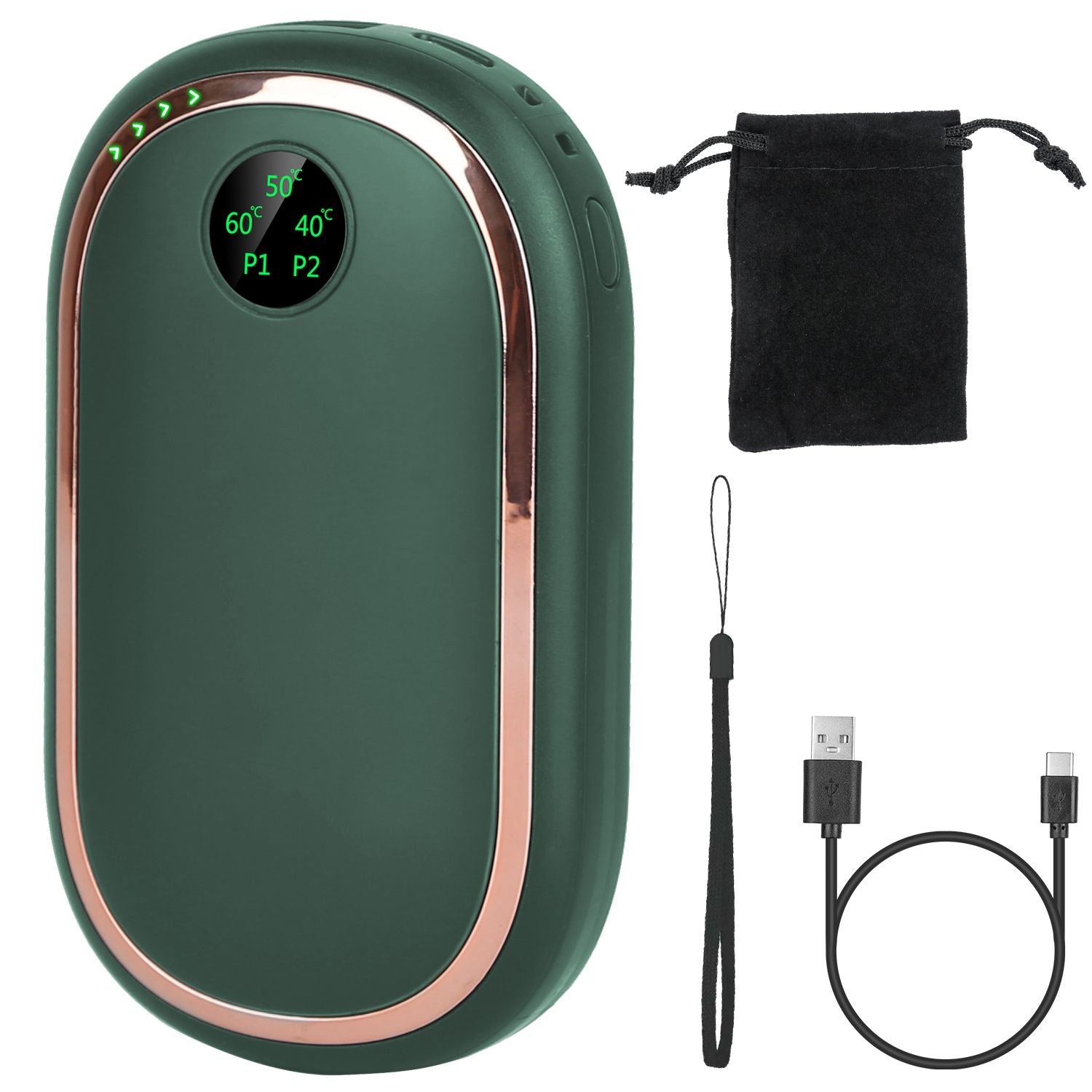 Green rechargeable hand warmer with digital display and USB charging, featuring double-sided heating and three heat levels.