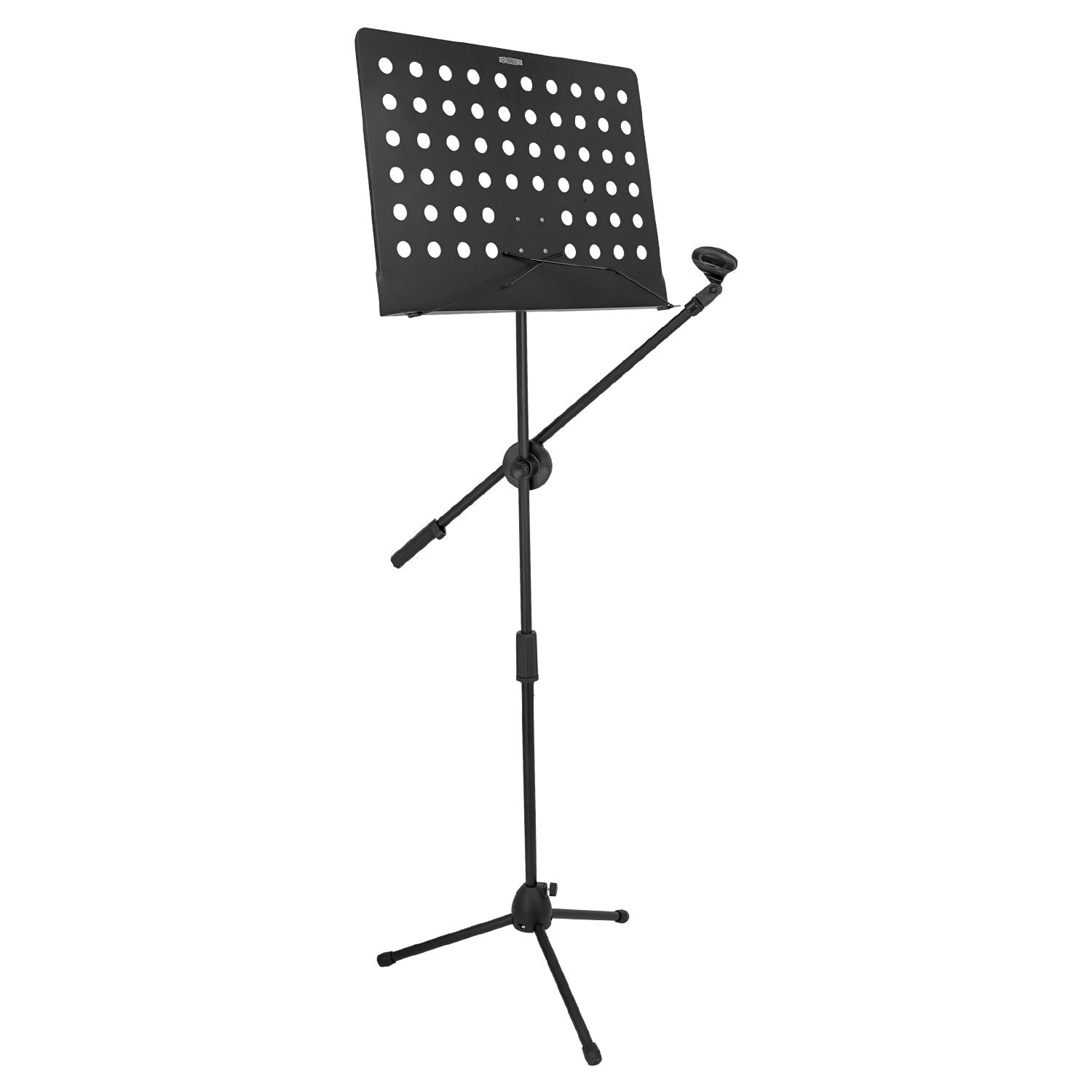 Heavy-duty black metal music stand with adjustable mic boom, collapsible design, and multiple height settings.