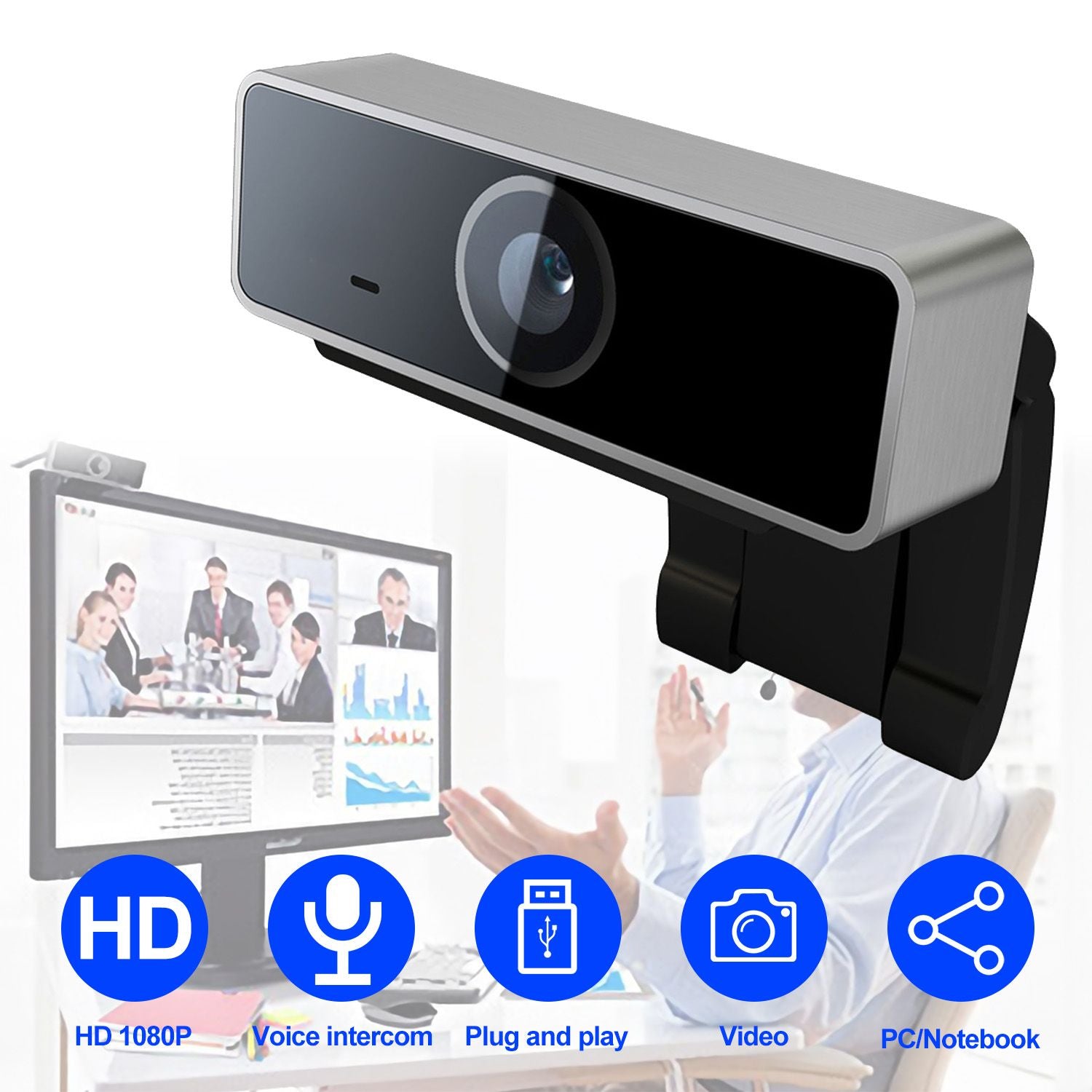 1080P HD black USB webcam with auto focus, built-in microphone, and 60° wide angle for streaming, by Doba.