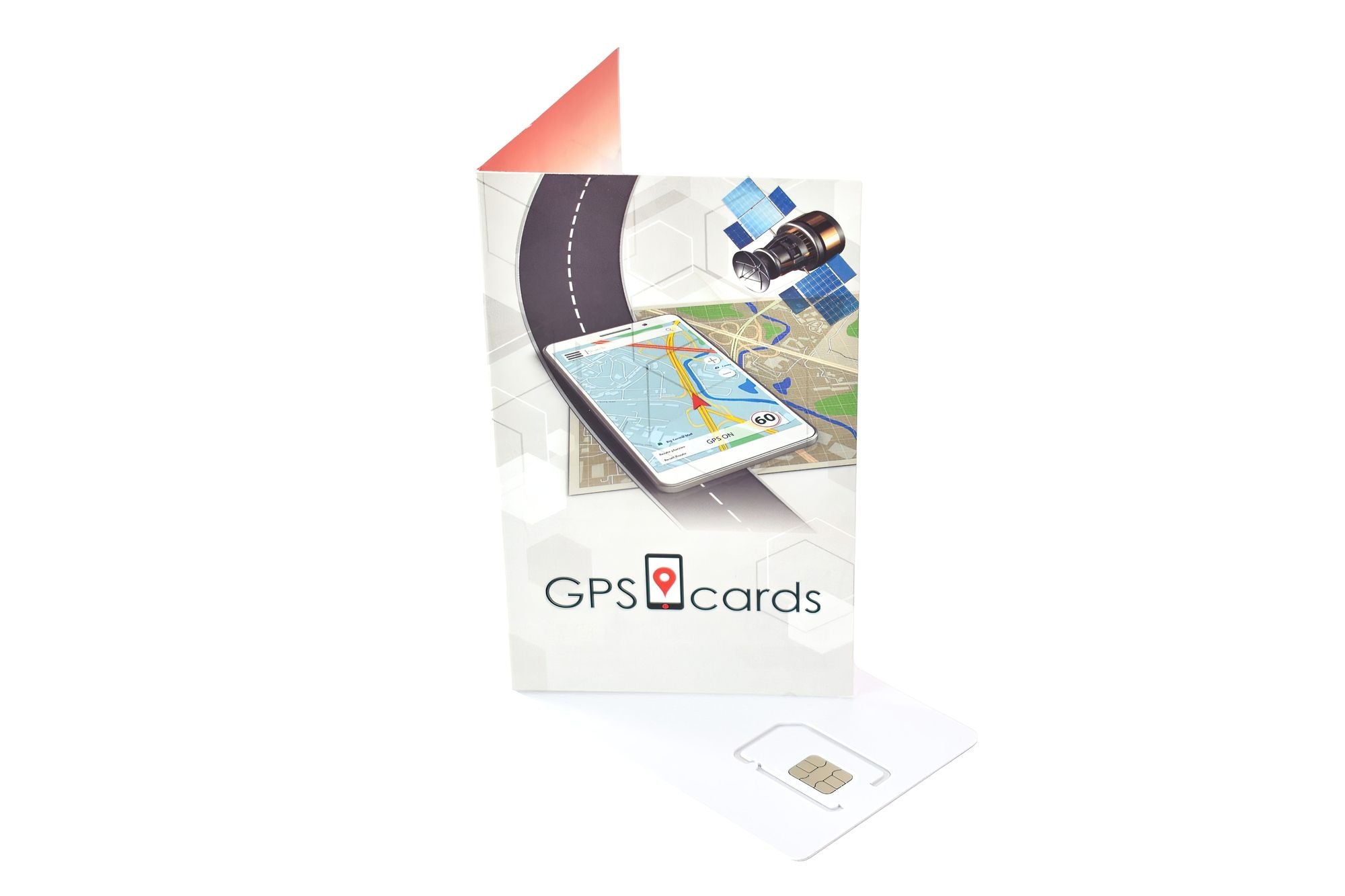 GPScards Global GPS Tracker SIM card in a sleek presentation holder, compatible with GT02A, featuring 3-in-1 SIM design.