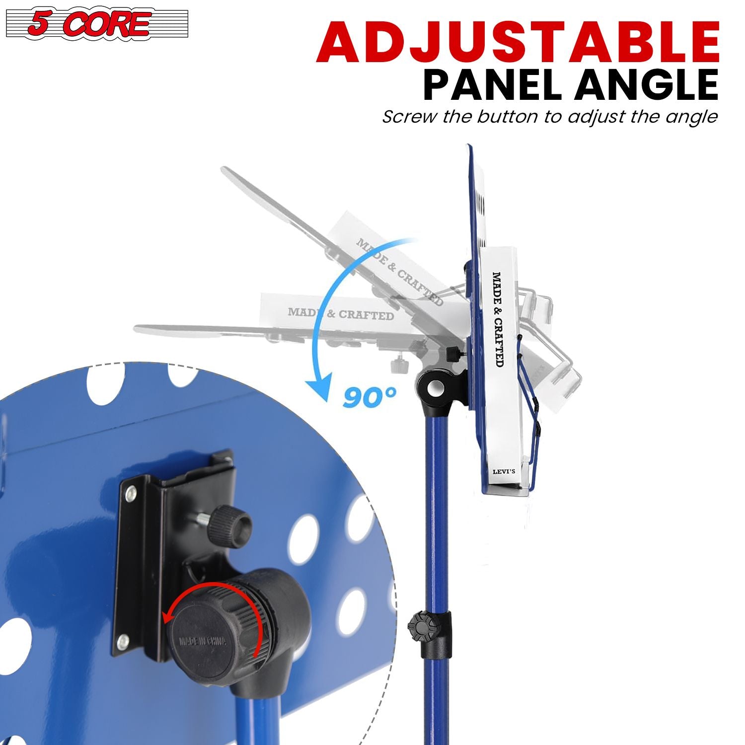 Adjustable blue iron music stand with foldable design and 90-degree panel angle feature by Doba.