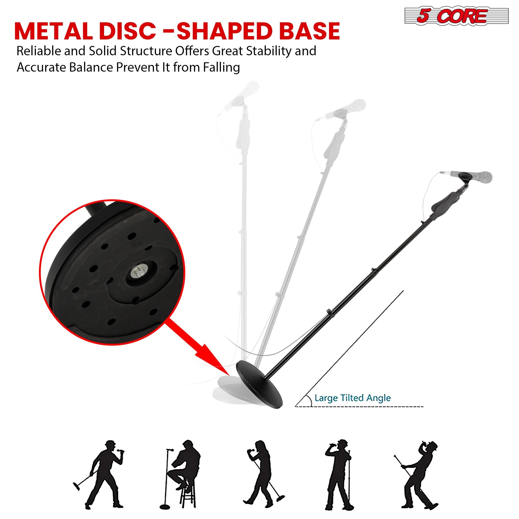 Heavy-duty black metal microphone stand with a round 10-inch base, adjustable height from 35-57 inches, by 5Core.