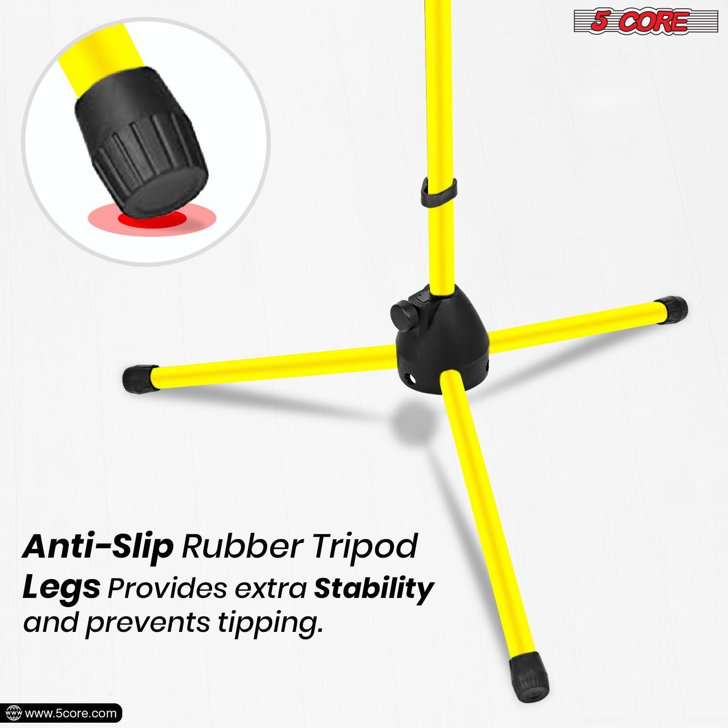 Adjustable yellow metal tripod boom mic stand with anti-slip rubber legs for stability, by Doba.