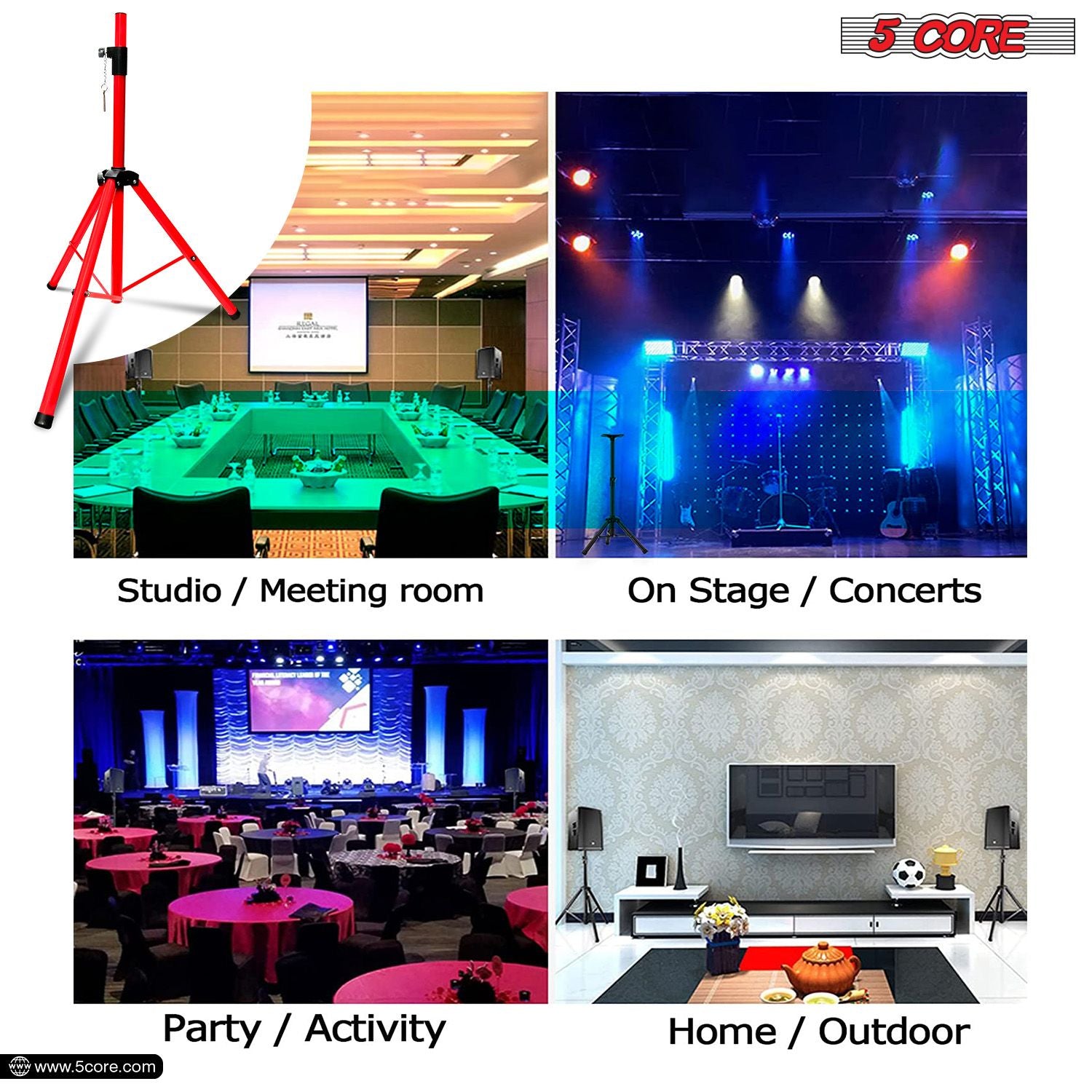 5 Core Heavy Duty Steel Speaker Stand Tripod 40-72" Red DJ Monitor
