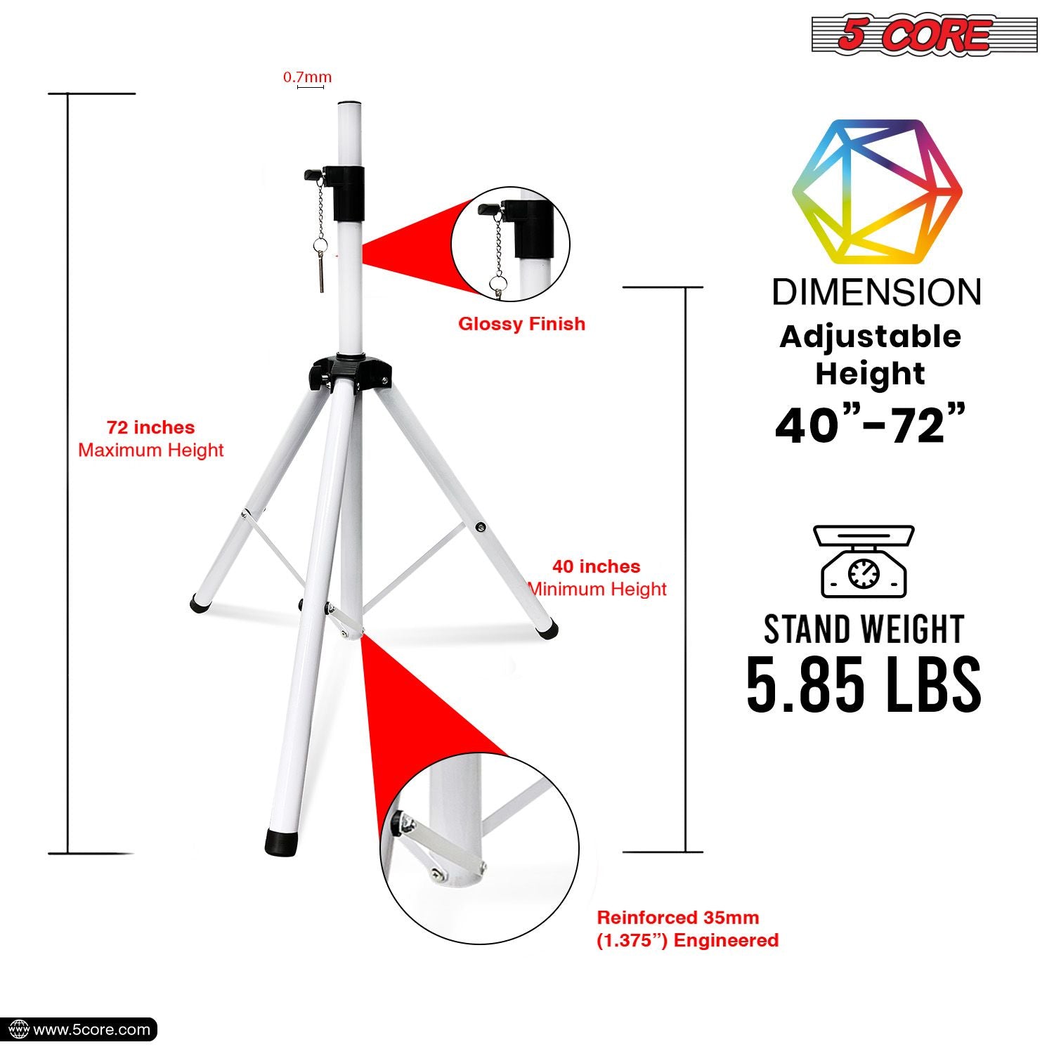 Adjustable white steel speaker stand tripod, height 40-72", 35mm pole mount, 5 Core brand.