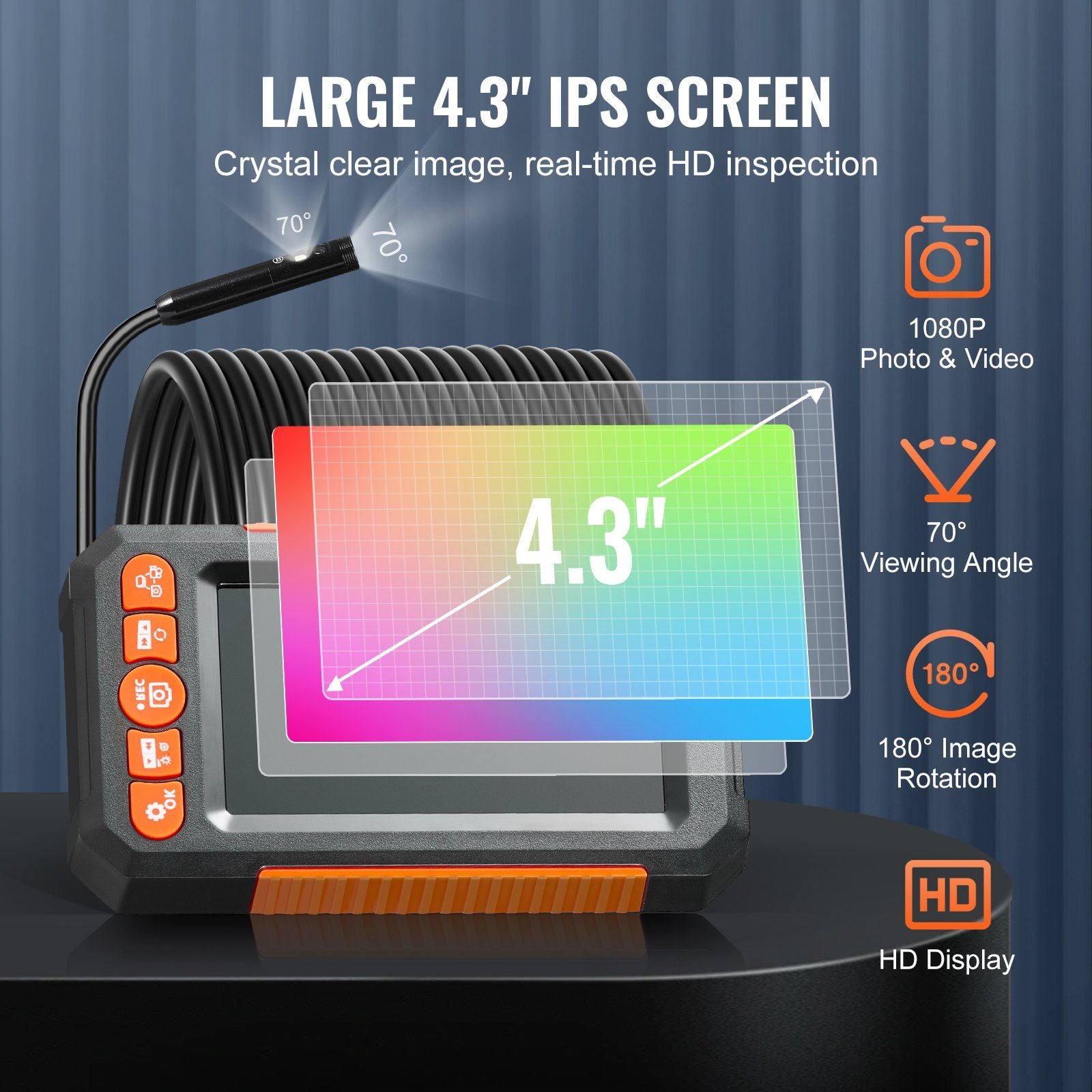 VEVOR endoscope camera with 4.3" HD screen, dual lens, 16.4FT cable, ideal for inspection tasks.