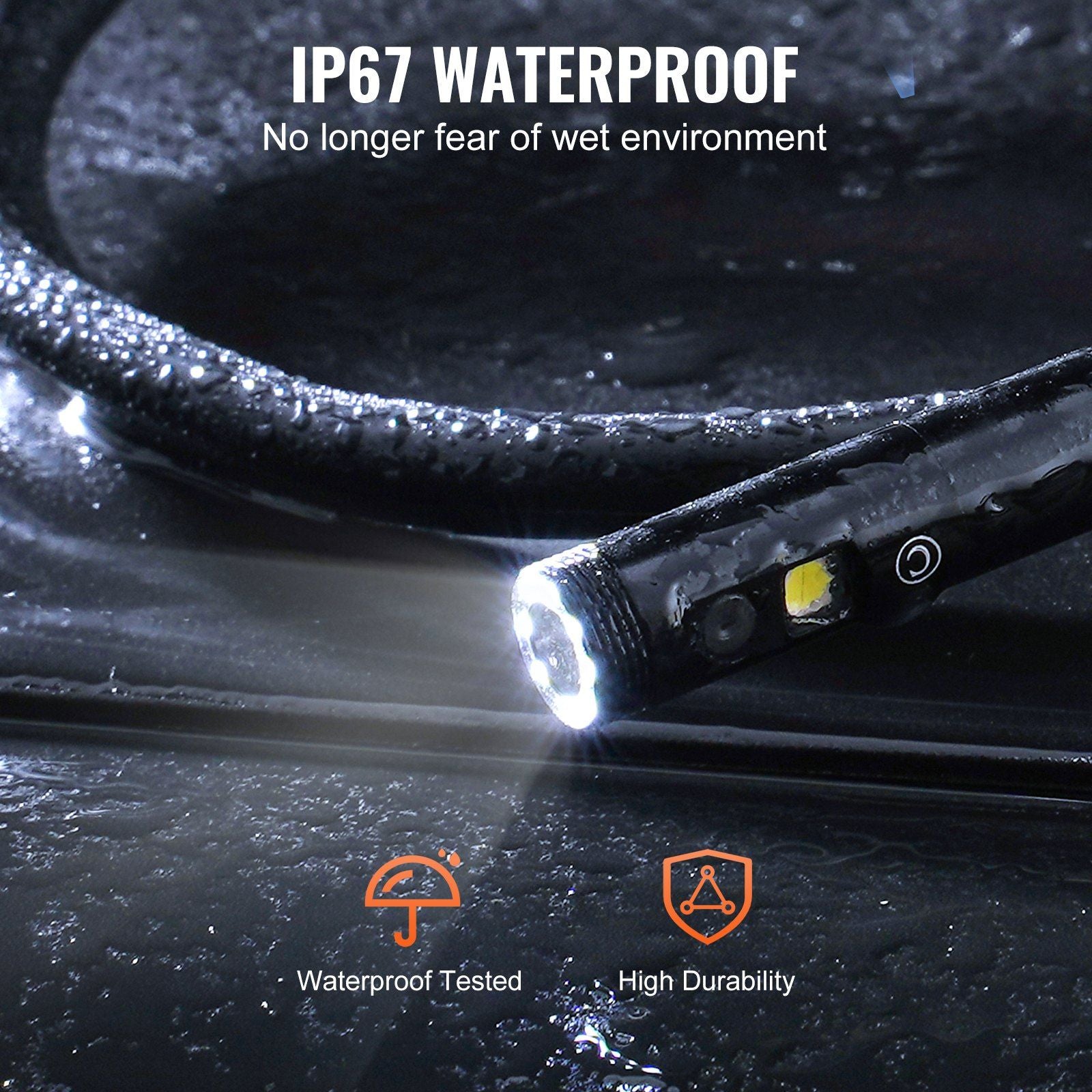 VEVOR endoscope camera with lights, triple lens, 49.2FT cable, IP67 waterproof, and 5" screen.