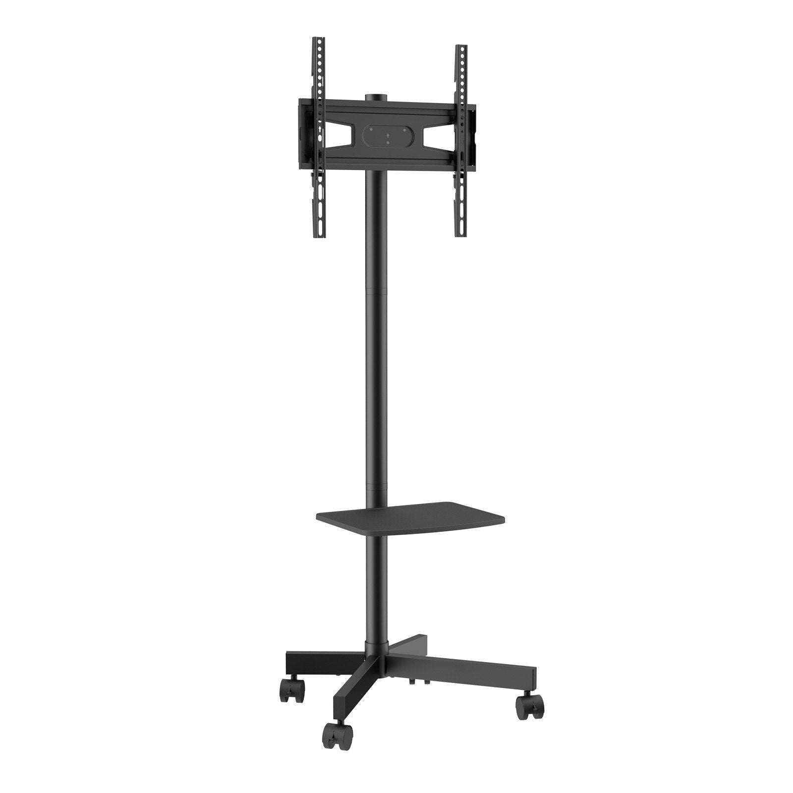Black mobile TV stand for 23-60 inch TVs with adjustable height, tray for devices, and wheels for easy mobility.
