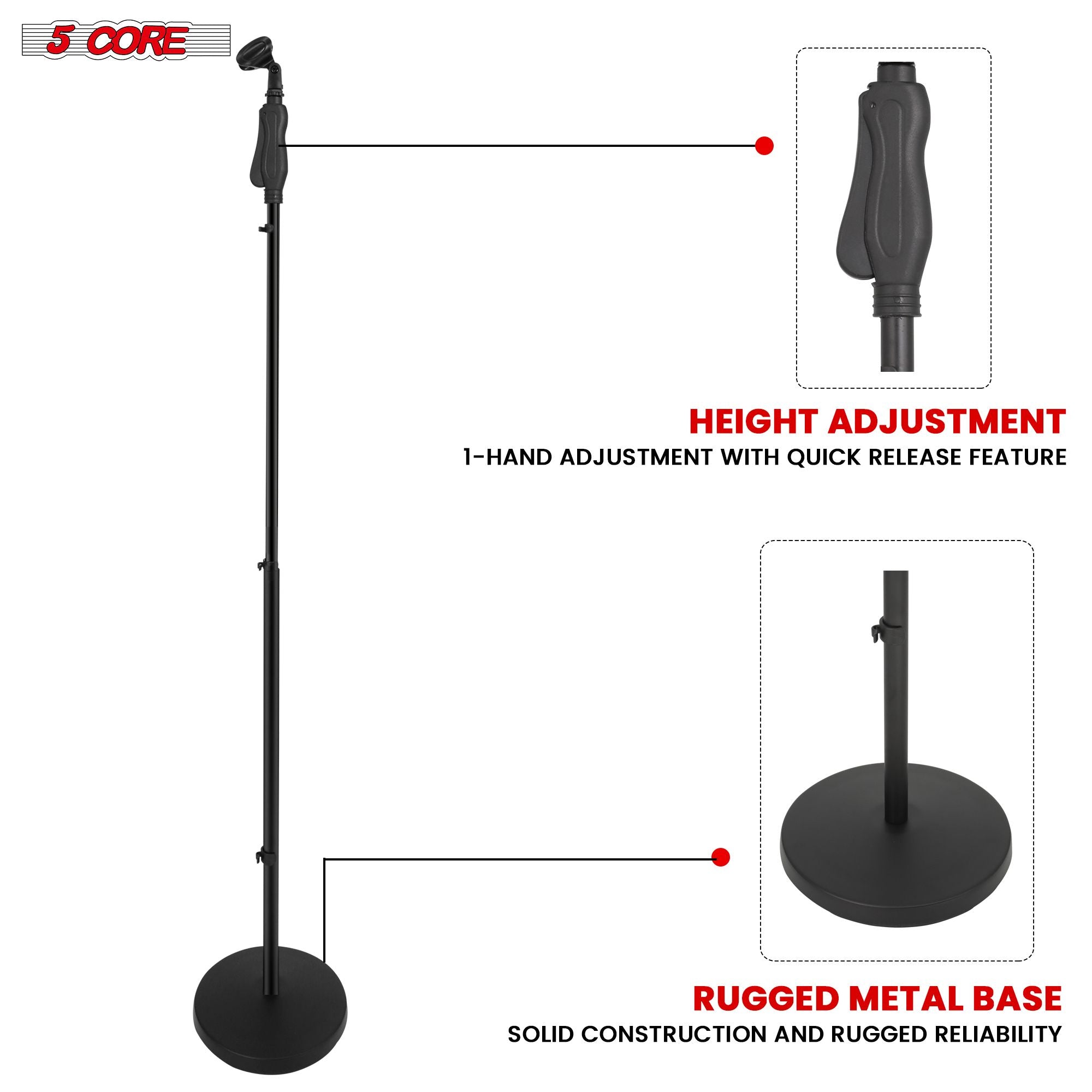 Black heavy-duty metal microphone stand with a 10-inch round base and height adjustment feature, by 5Core.