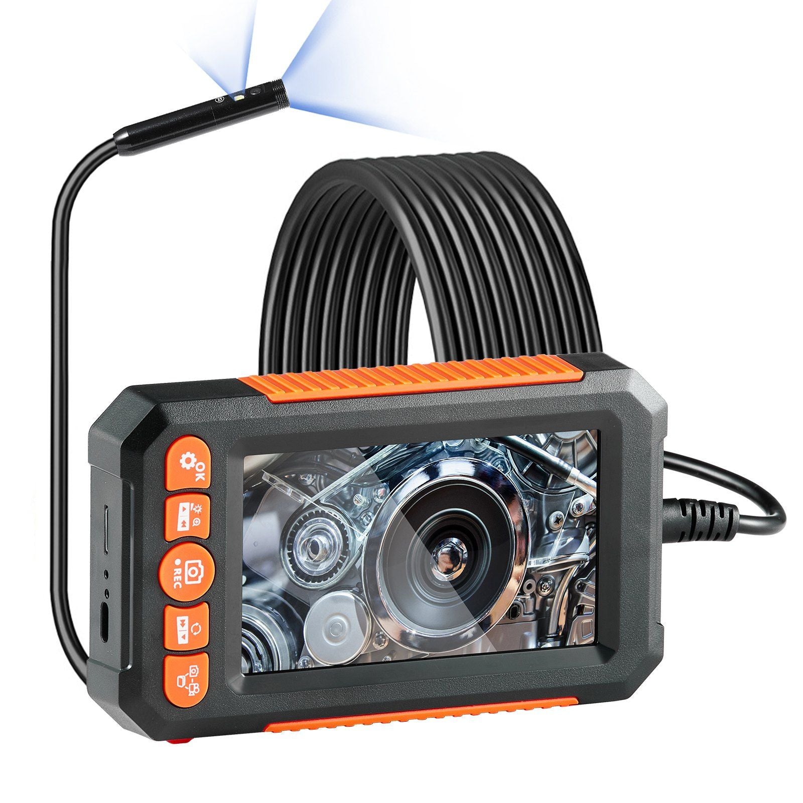 Kamera Endoskop Vevor dengan Lampu Lensa Ganda Lensa Borescope 16.4ft Kabel 4.3 "Layar