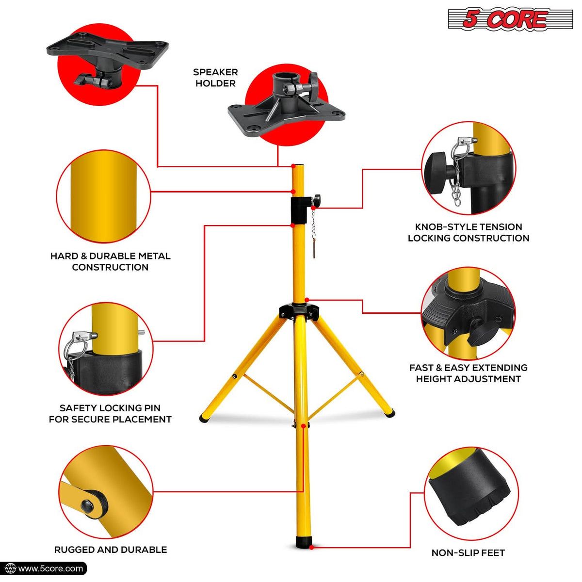 5 Core Heavy Duty Adjustable Speaker Stand 40-72" Steel Tripod Yellow
