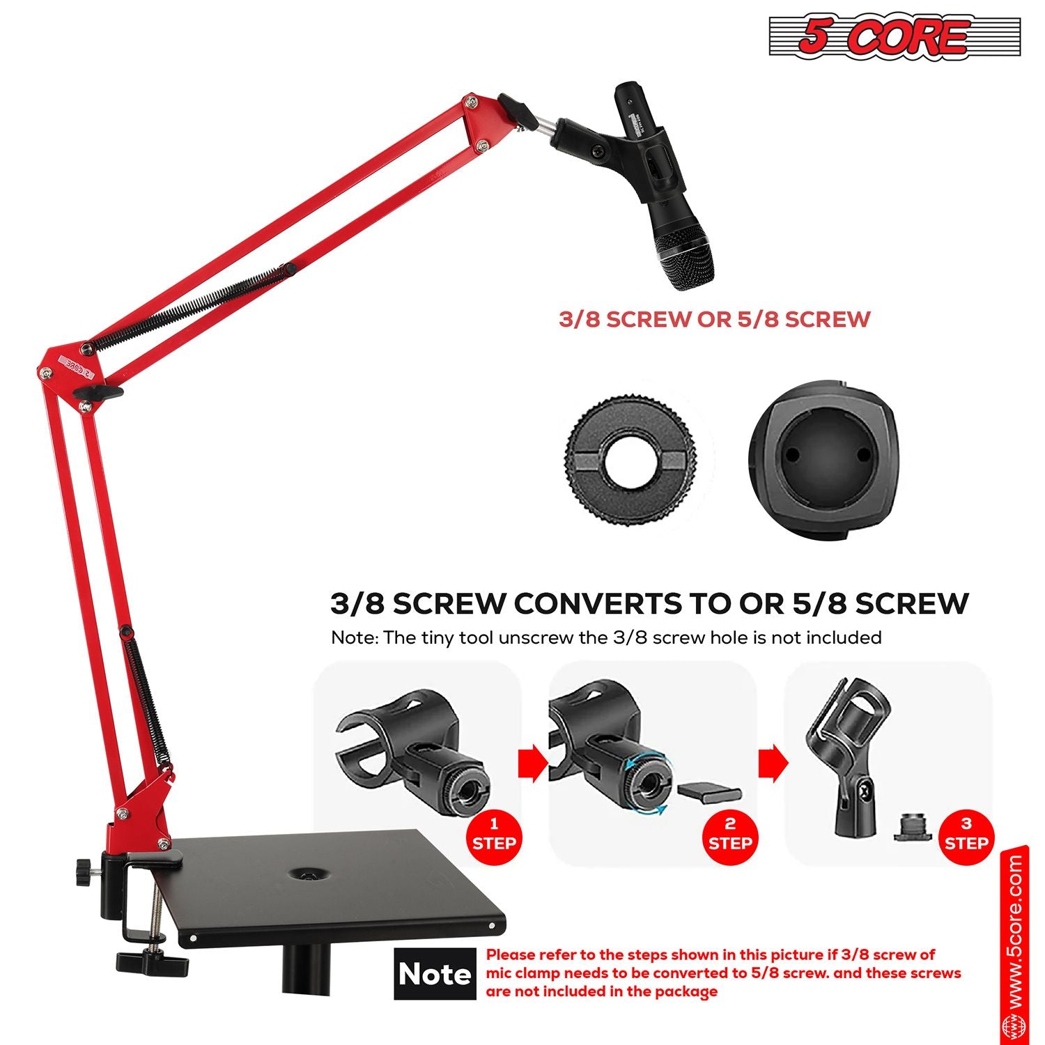 5 Core Heavy Duty Metal Microphone Boom Arm - Red Desk Mount Stand