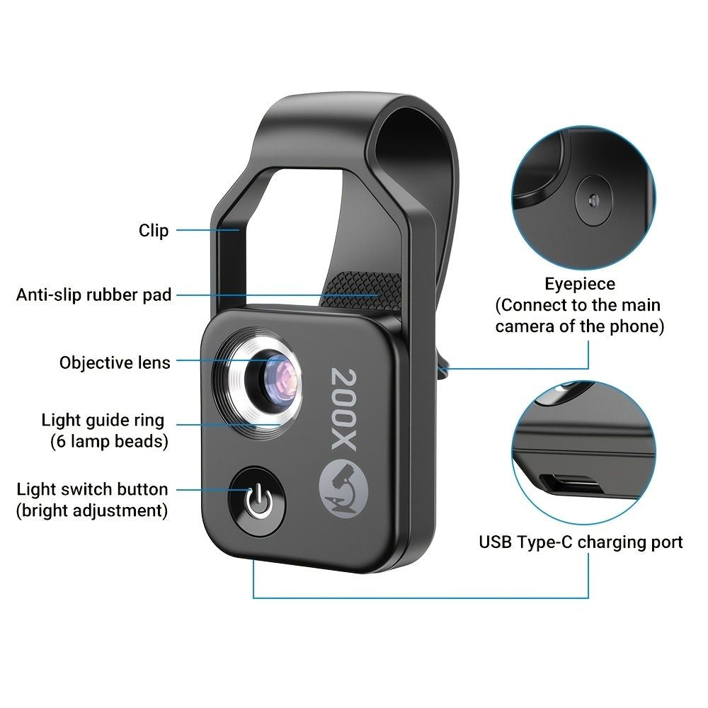 Apexel HD 200x Mikroskop -Makroobjektiv für die tragbare Tasche von Mobiltelefonen mit CPL -Filter -LED -Licht für iPhone Huawei Samsung Xiaomi Die meisten Smartphones