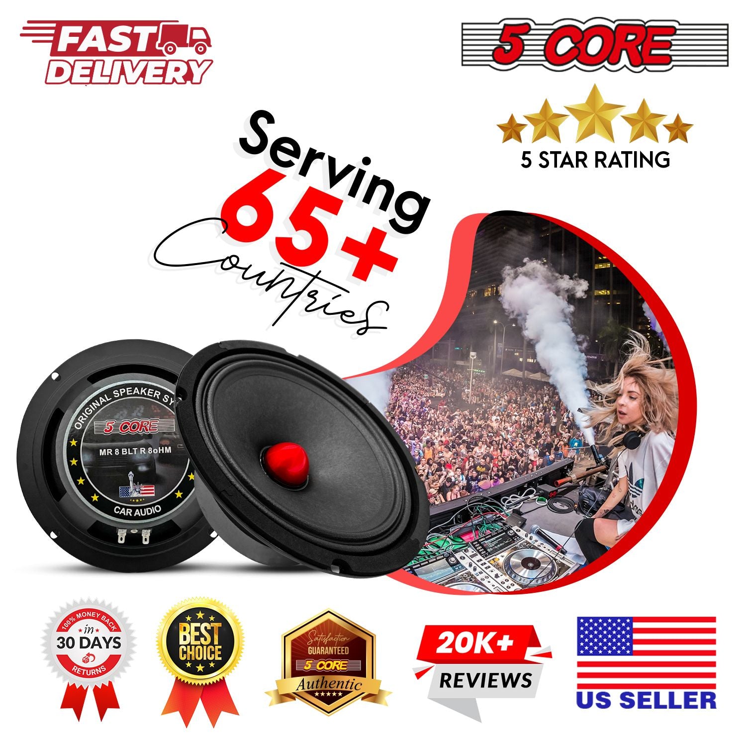 5 CORE 8 Inch Mid Range Bullet Pro Audio Car Speaker Red Aluminium Bullet Loudspeaker 500W Max 8 Ohms - Premium Quality Audio Door Speakers for Car or Truck Stereo Sound System MR 8 BLT 8oHM