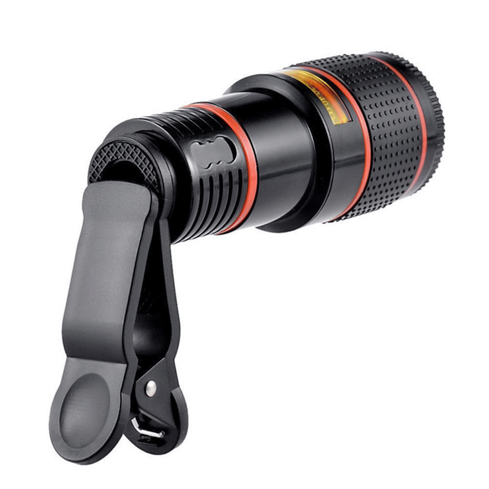 Black clip-on 8x zoom telescope camera lens for mobile phones, featuring durable ABS material and a sleek design.