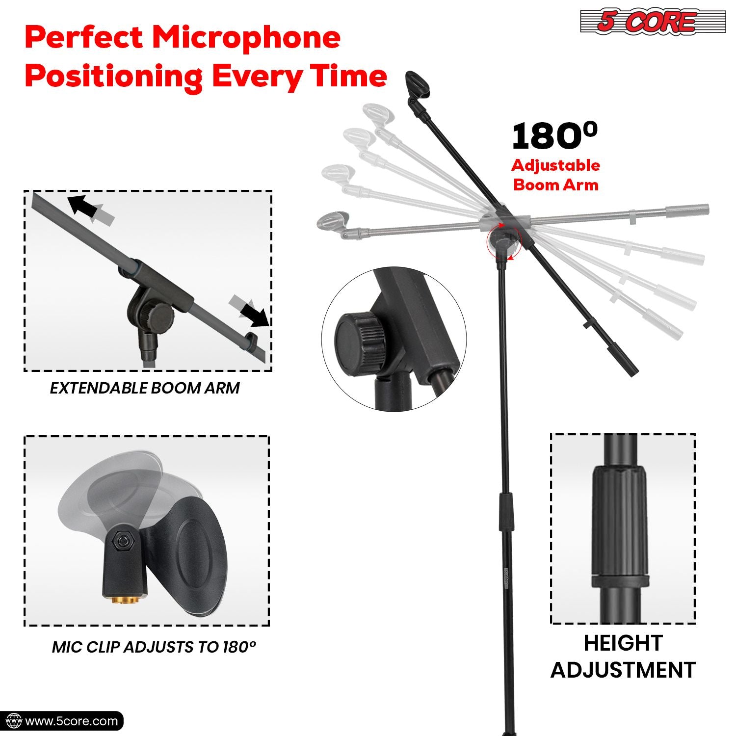 Black 5 Core metal tripod microphone stand with adjustable 18-72" boom arm and 180° mic clip.