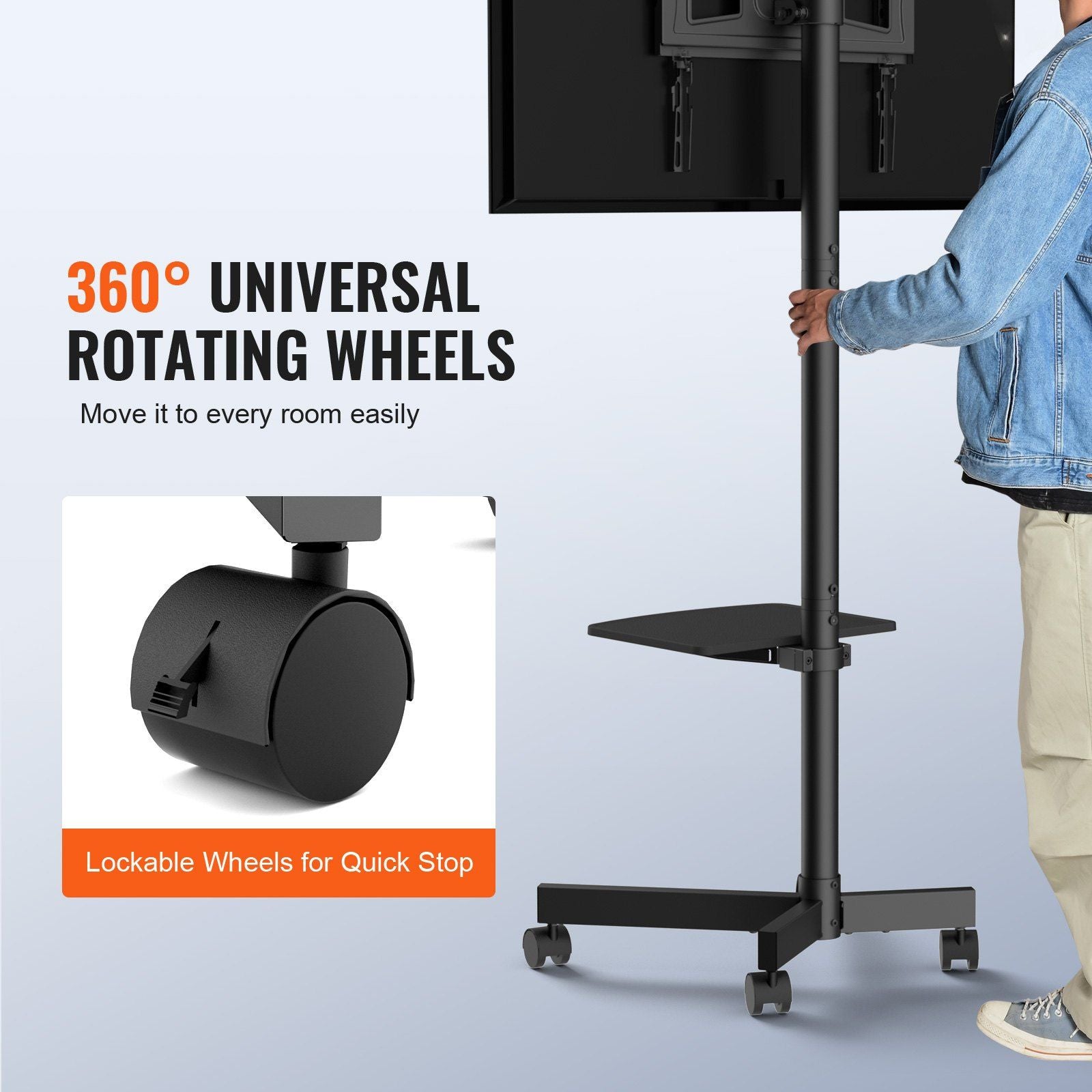 Black mobile TV stand with adjustable height, rolling wheels, and tray for devices, suitable for 23-60 inch TVs by VEVOR.