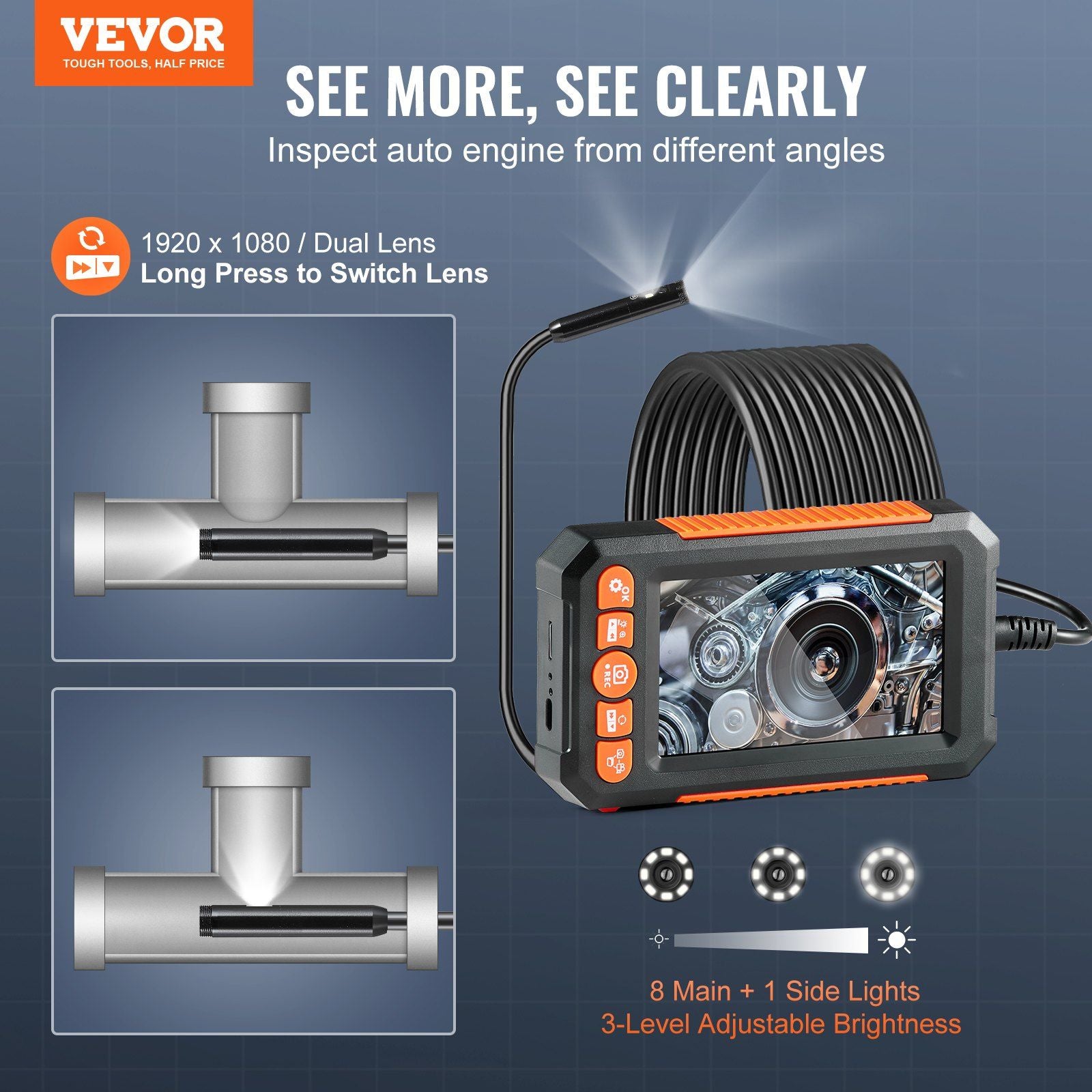 VEVOR dual lens endoscope camera with 16.4FT cable and 4.3" screen, featuring bright adjustable lights for inspections.