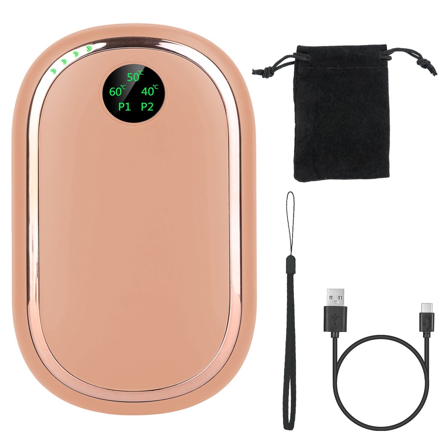 Rechargeable pink electric hand warmer with digital display, portable power bank, features double-sided heating.