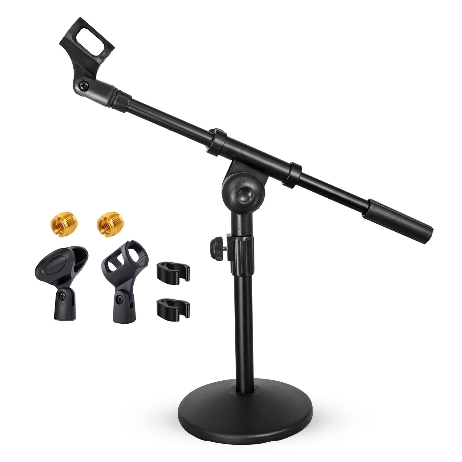Adjustable black metal desktop microphone stand with boom arm and anti-slip base by Doba.