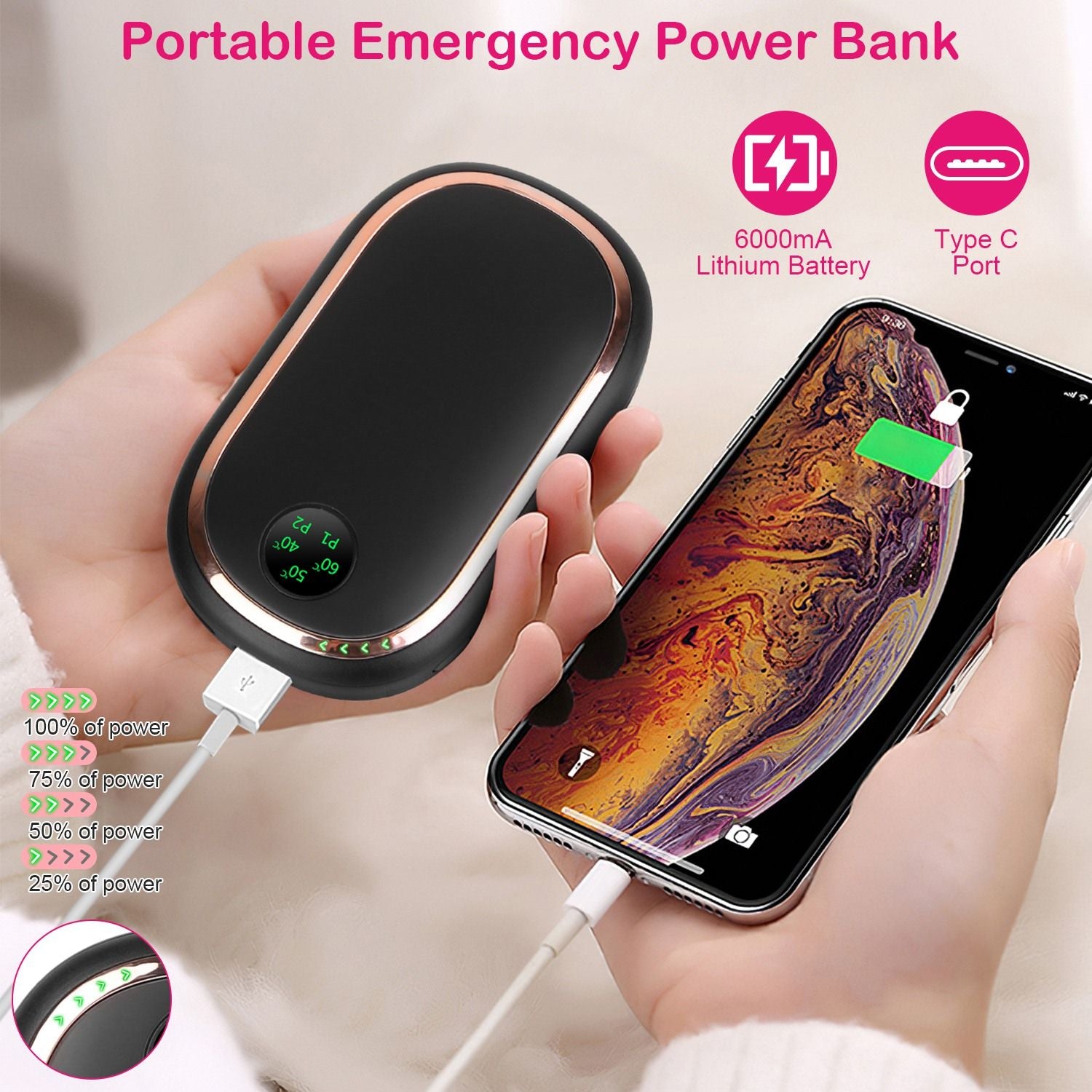 Calentador eléctrico de mano de mano de mano recargable a mano portátil de bolsillo reutilizable Banco de energía calentador con pantalla digital luz puesta de sol 3 niveles calefacción de doble cara
