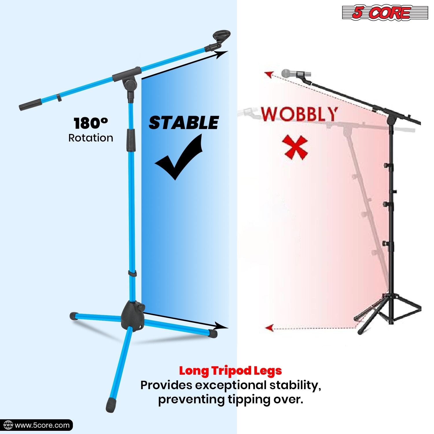 Sky blue adjustable tripod boom mic stand, 18-72" height, by Doba, featuring stable long legs for enhanced stability.