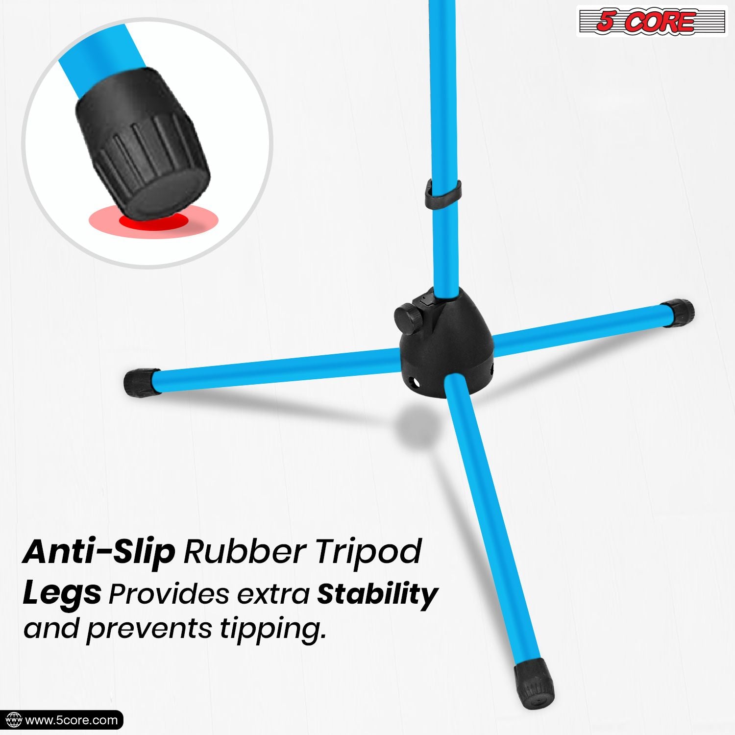 Adjustable 5 Core boom mic stand in sky blue with anti-slip rubber tripod legs for extra stability.