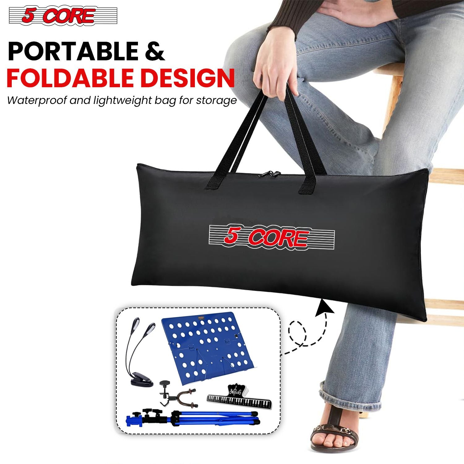 5 Core Music Stand for Tep Music Chiều cao có thể điều chỉnh di động gấp di động Atril partituras W Light Clip cho người chơi guitar nghệ sĩ chơi đàn violin;